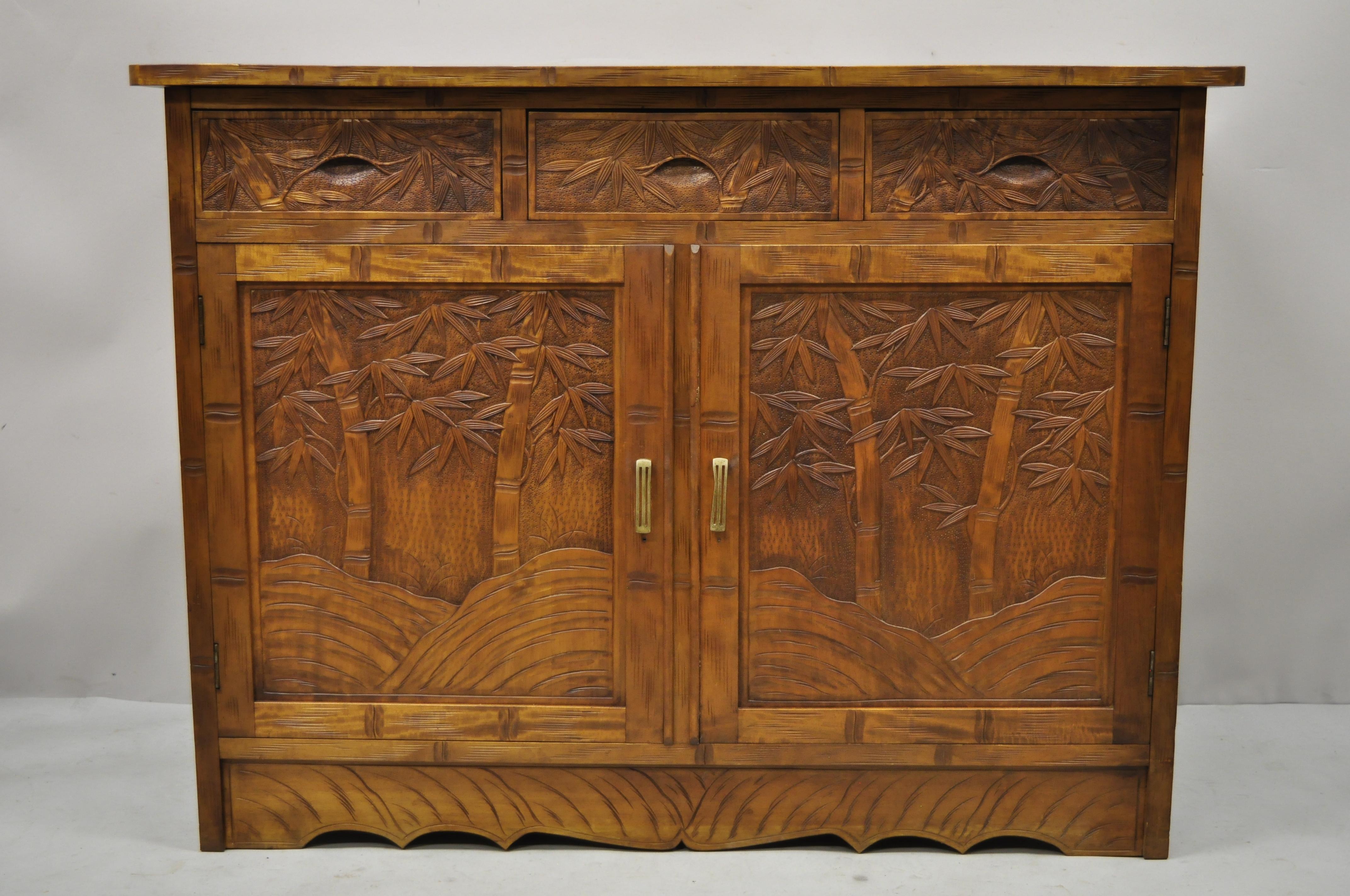 Vintage Chinese Teak Wood Carved Bamboo Tree Sideboard Buffet Cabinet 7