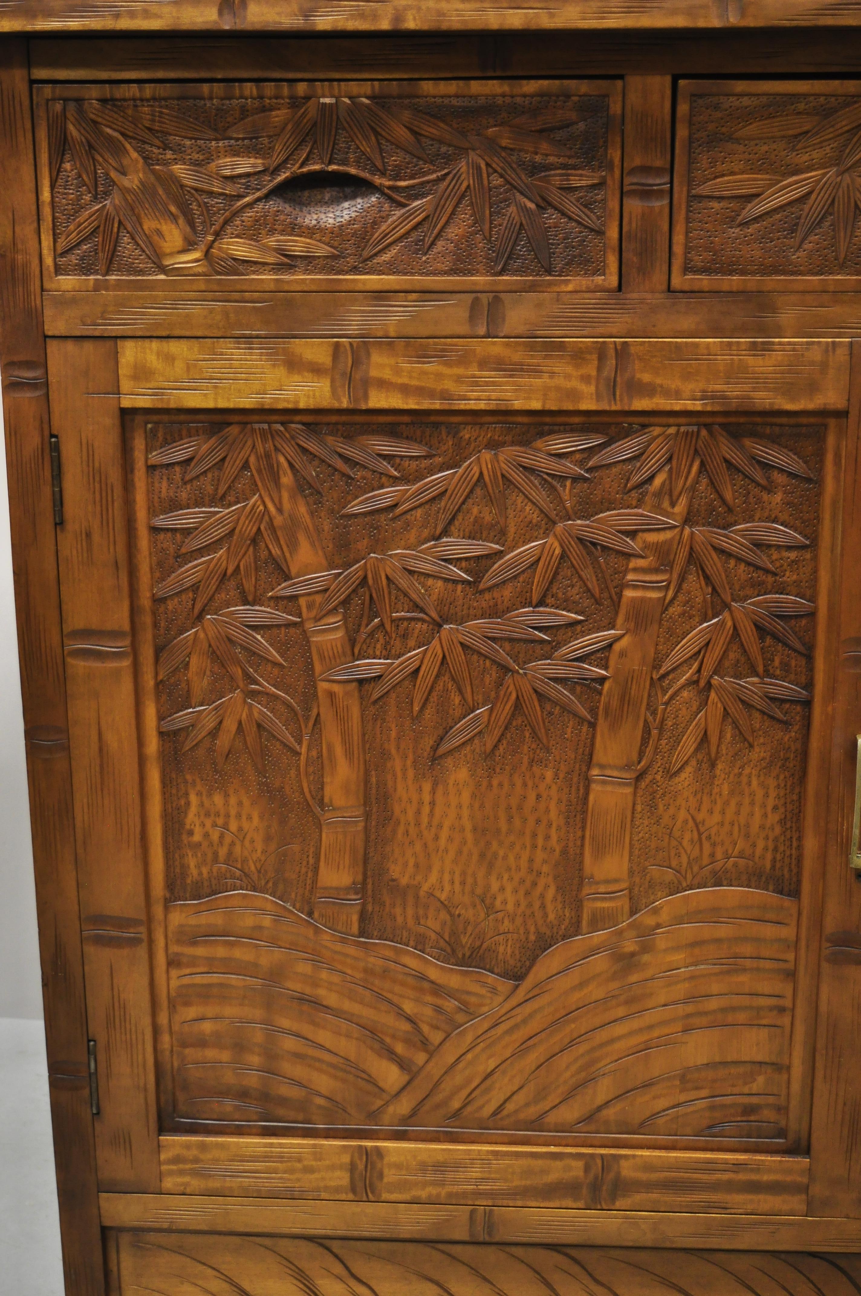 Vintage Chinese Teak Wood Carved Bamboo Tree Sideboard Buffet Cabinet In Good Condition In Philadelphia, PA