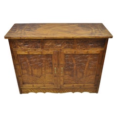 Vintage Chinese Teak Wood Carved Bamboo Tree Sideboard Buffet Cabinet
