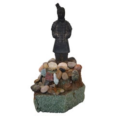 Vintage Chinese Terracotta Soldier Figurine Garden Statue w Stone Stand 10"