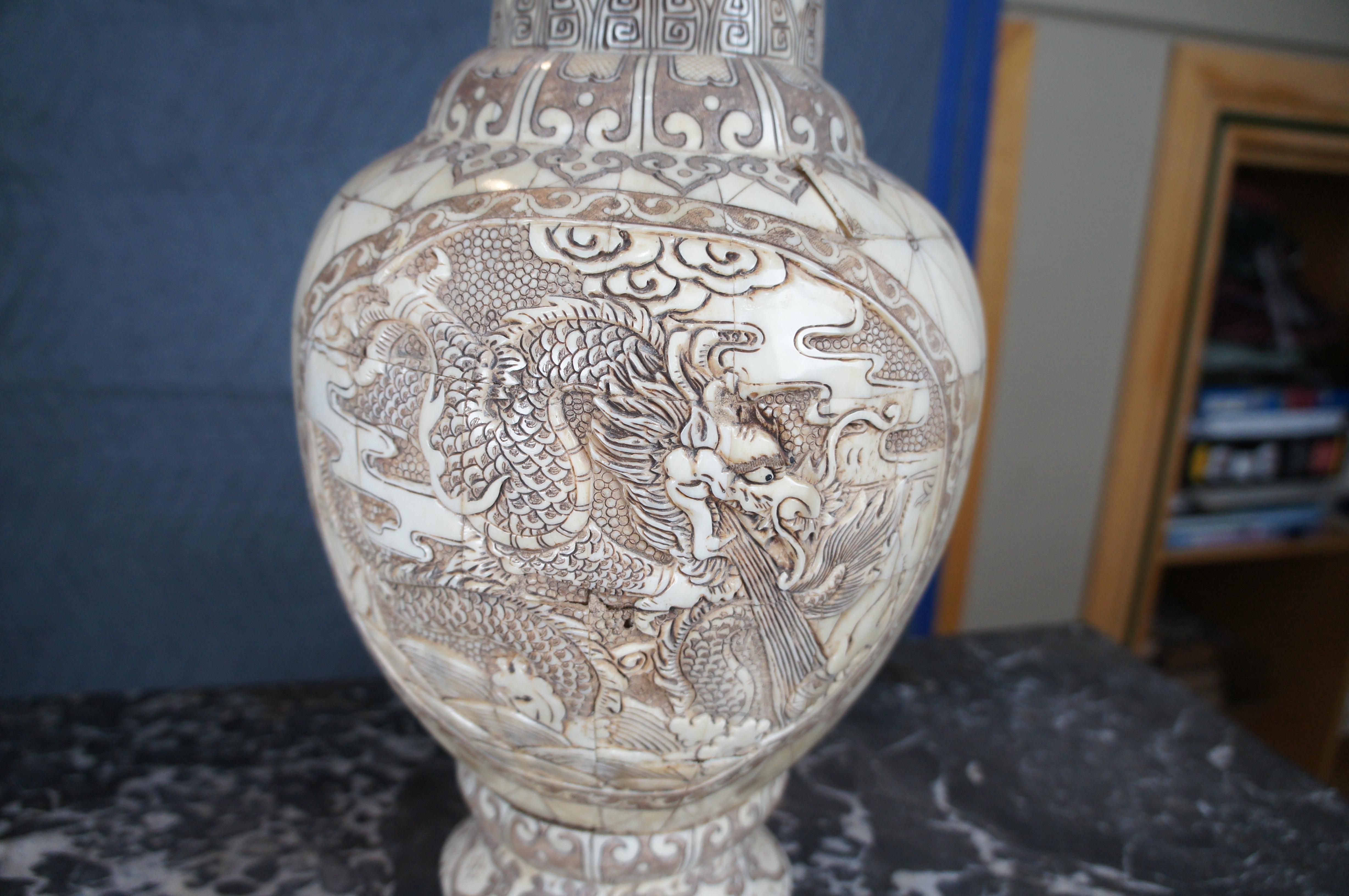 Vintage Chinese Tessellated Low Relief Cow Bone Bovine Carved Dragon Vase Urn For Sale 5