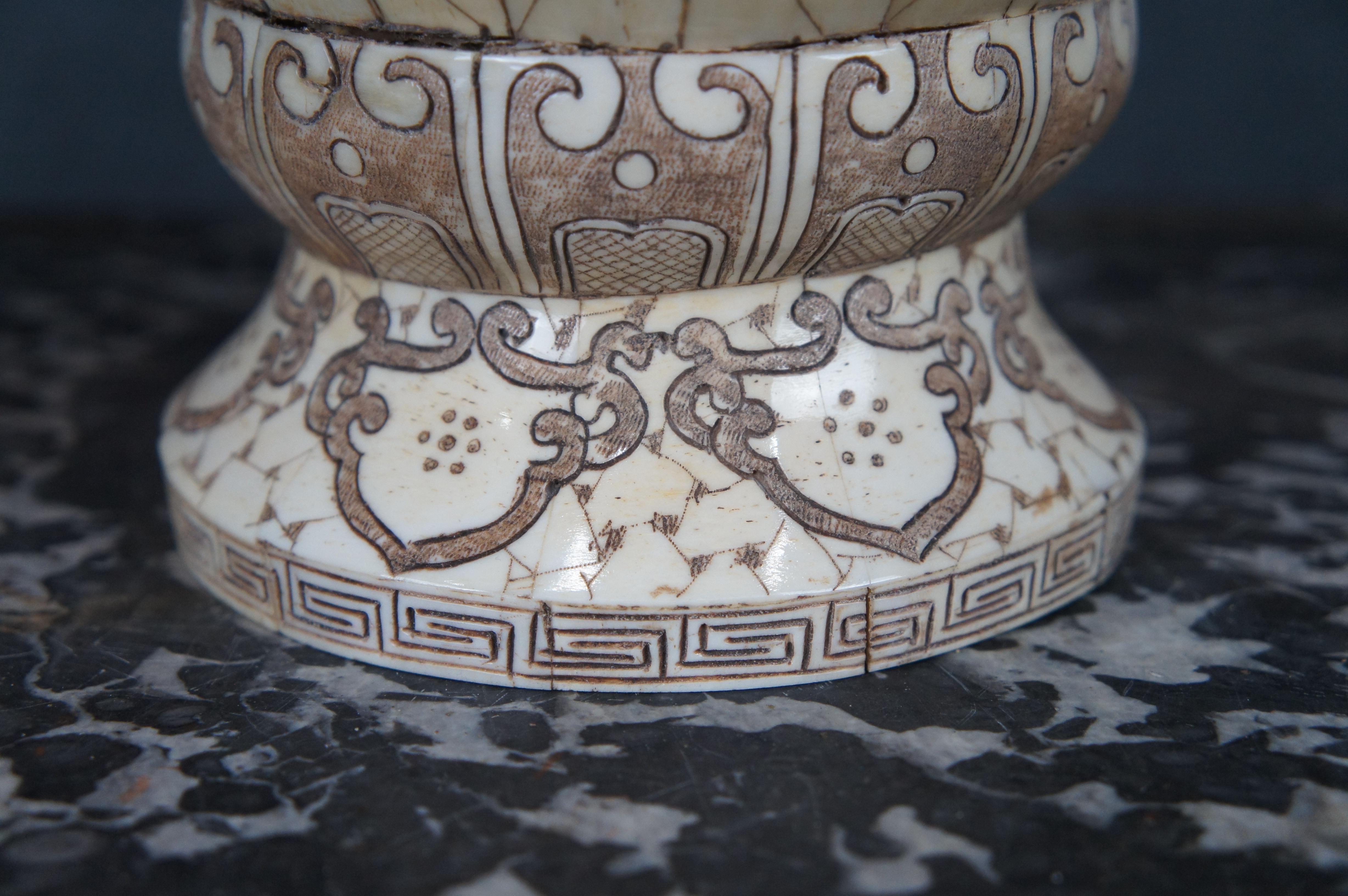 Vintage Chinese Tessellated Low Relief Cow Bone Bovine Carved Dragon Vase Urn For Sale 6