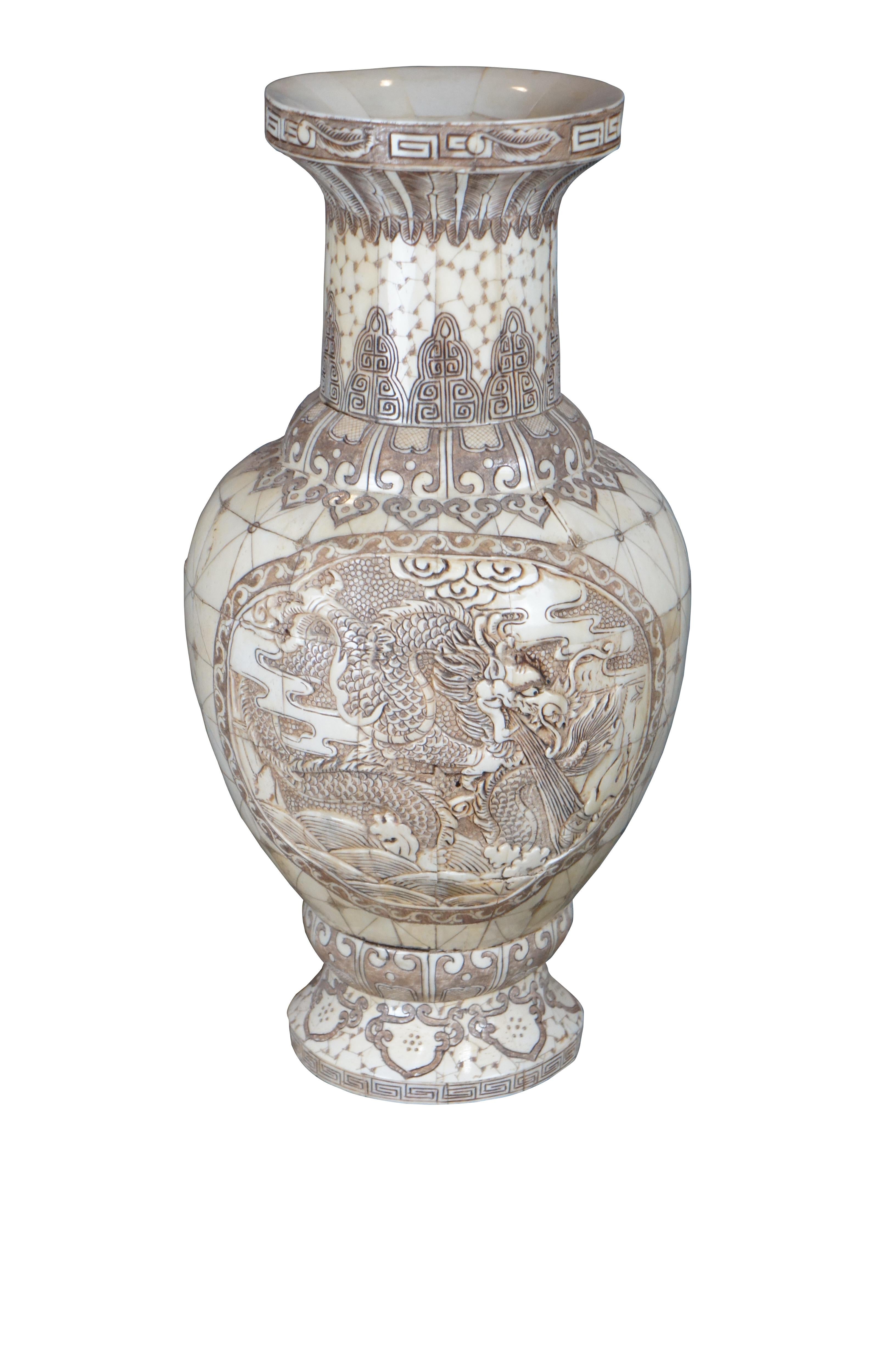 Chinoiserie Vintage Chinese Tessellated Low Relief Cow Bone Bovine Carved Dragon Vase Urn For Sale