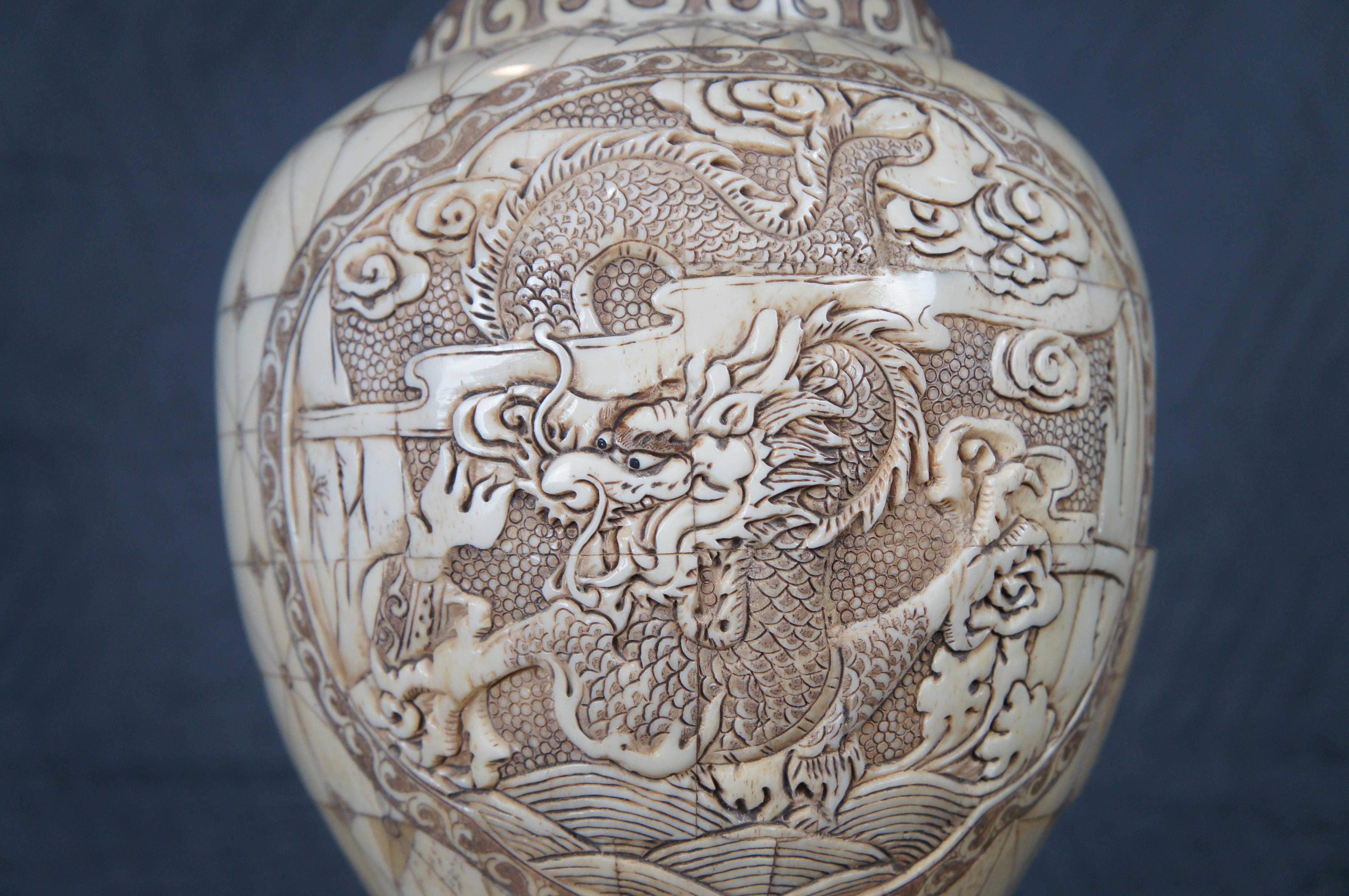 Vintage Chinese Tessellated Low Relief Cow Bone Bovine Carved Dragon Vase Urn For Sale 1