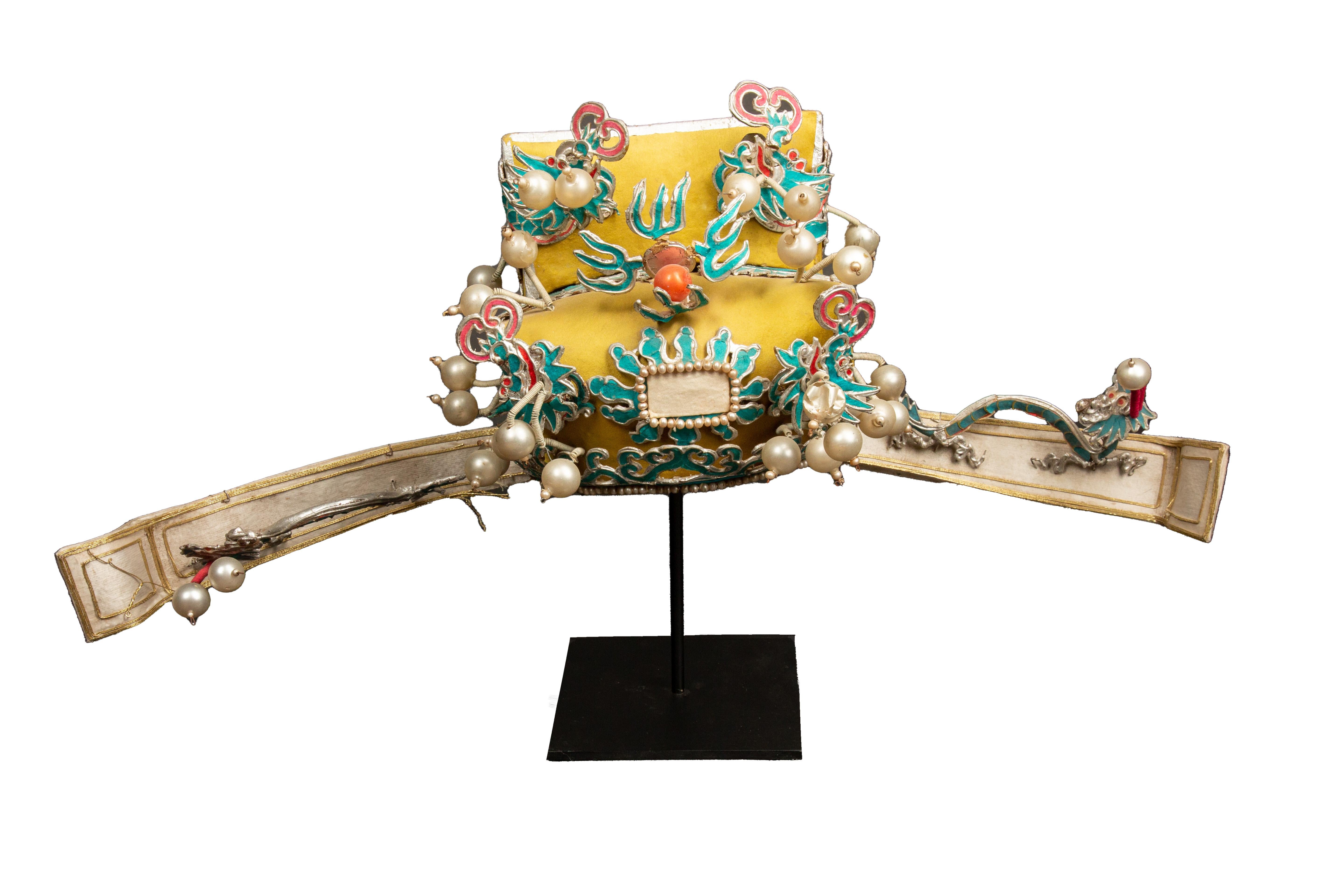 Qing Vintage Chinese Theatre Opera Headdress, Chartreuse with Blue and Siver Details For Sale