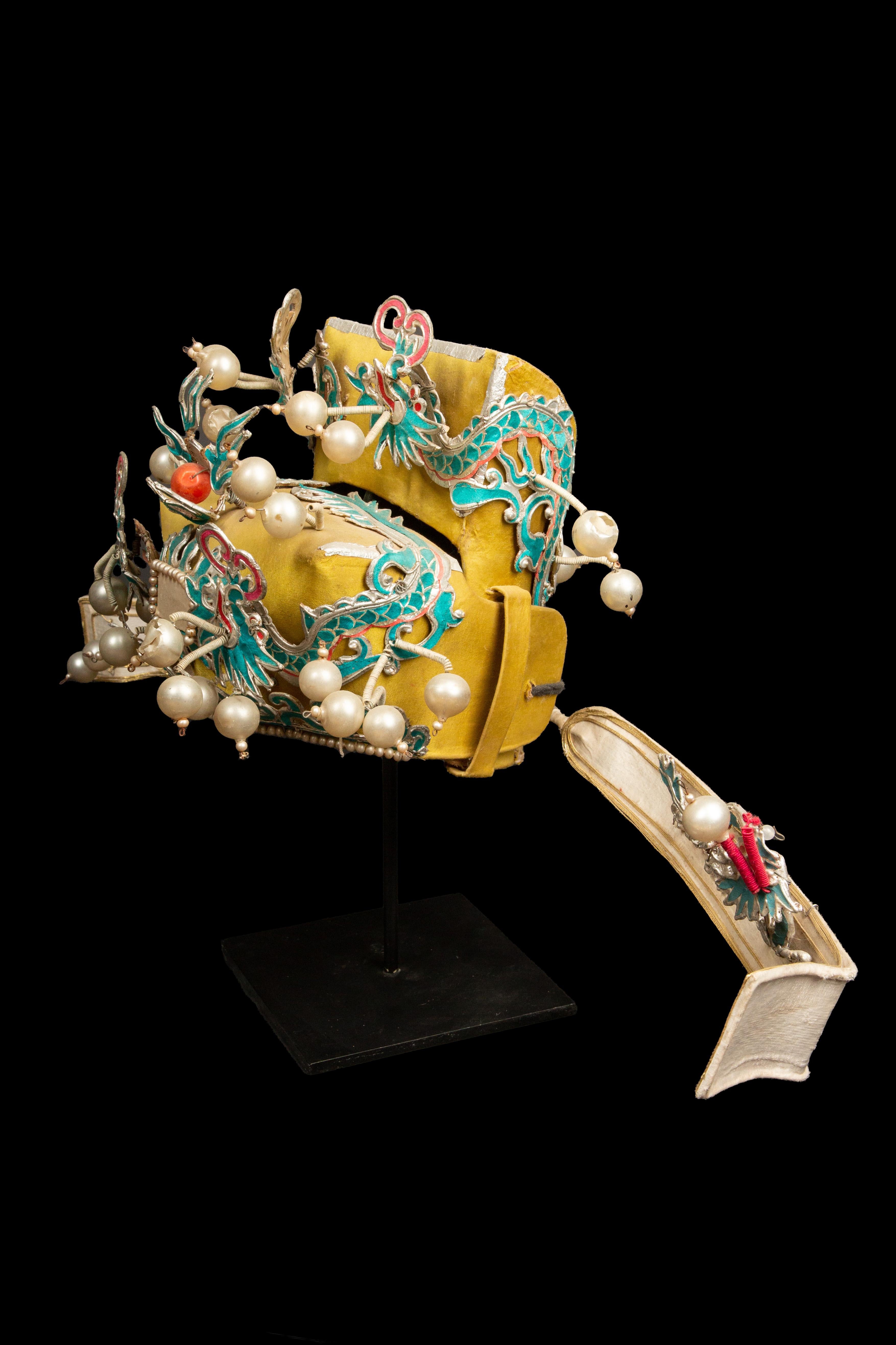20th Century Vintage Chinese Theatre Opera Headdress, Chartreuse with Blue and Siver Details For Sale