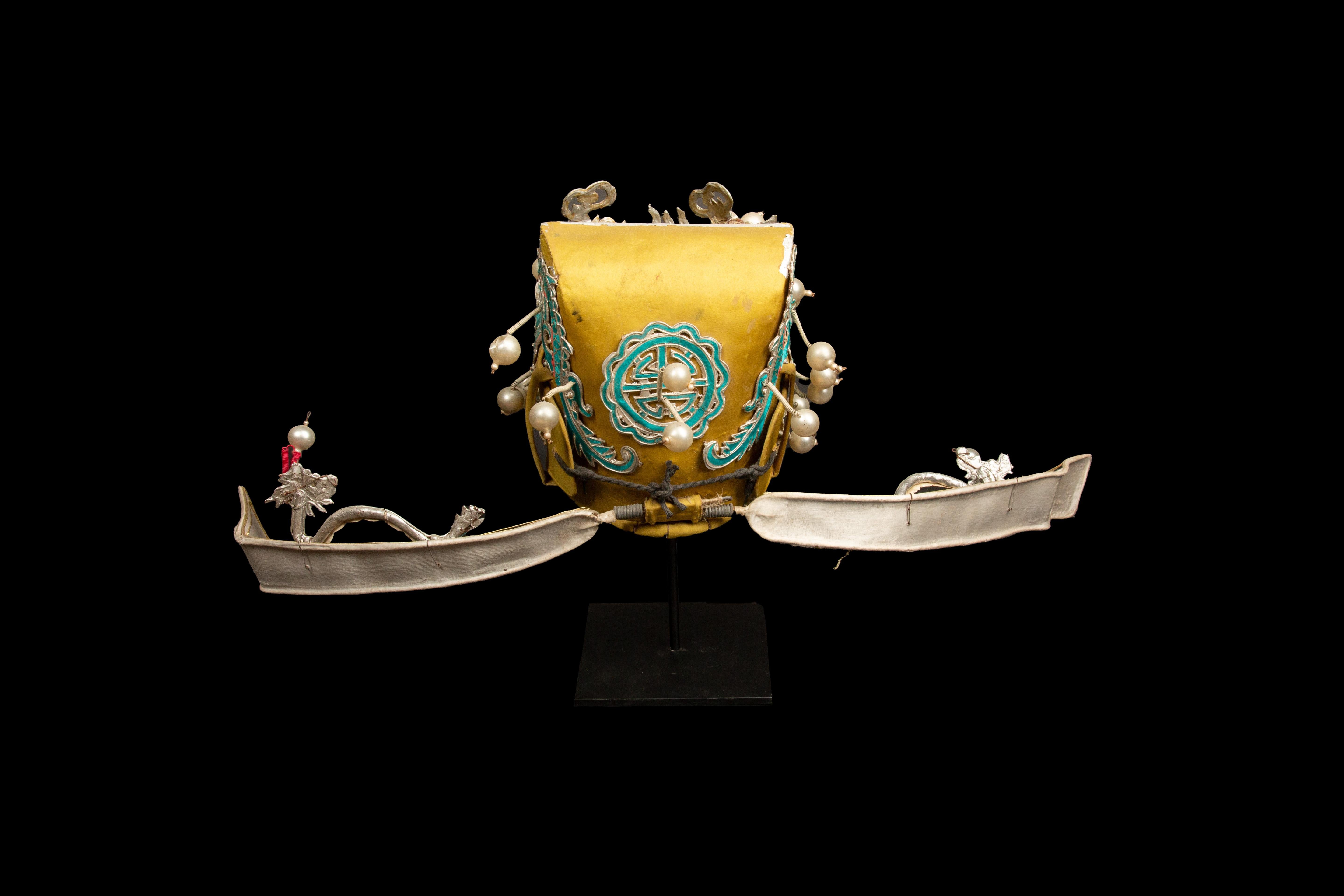 Fabric Vintage Chinese Theatre Opera Headdress, Chartreuse with Blue and Siver Details For Sale