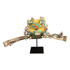 Vintage Chinese Theatre Opera Headdress, Chartreuse with Blue and Siver Details