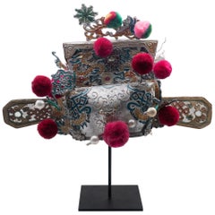 Tocado vintage de ópera de teatro chino, plata/turquesa, pompones rojo rubí