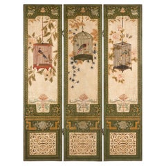 Vintage Chinese Three-Panel Birdcage Folding Screen with Parrots