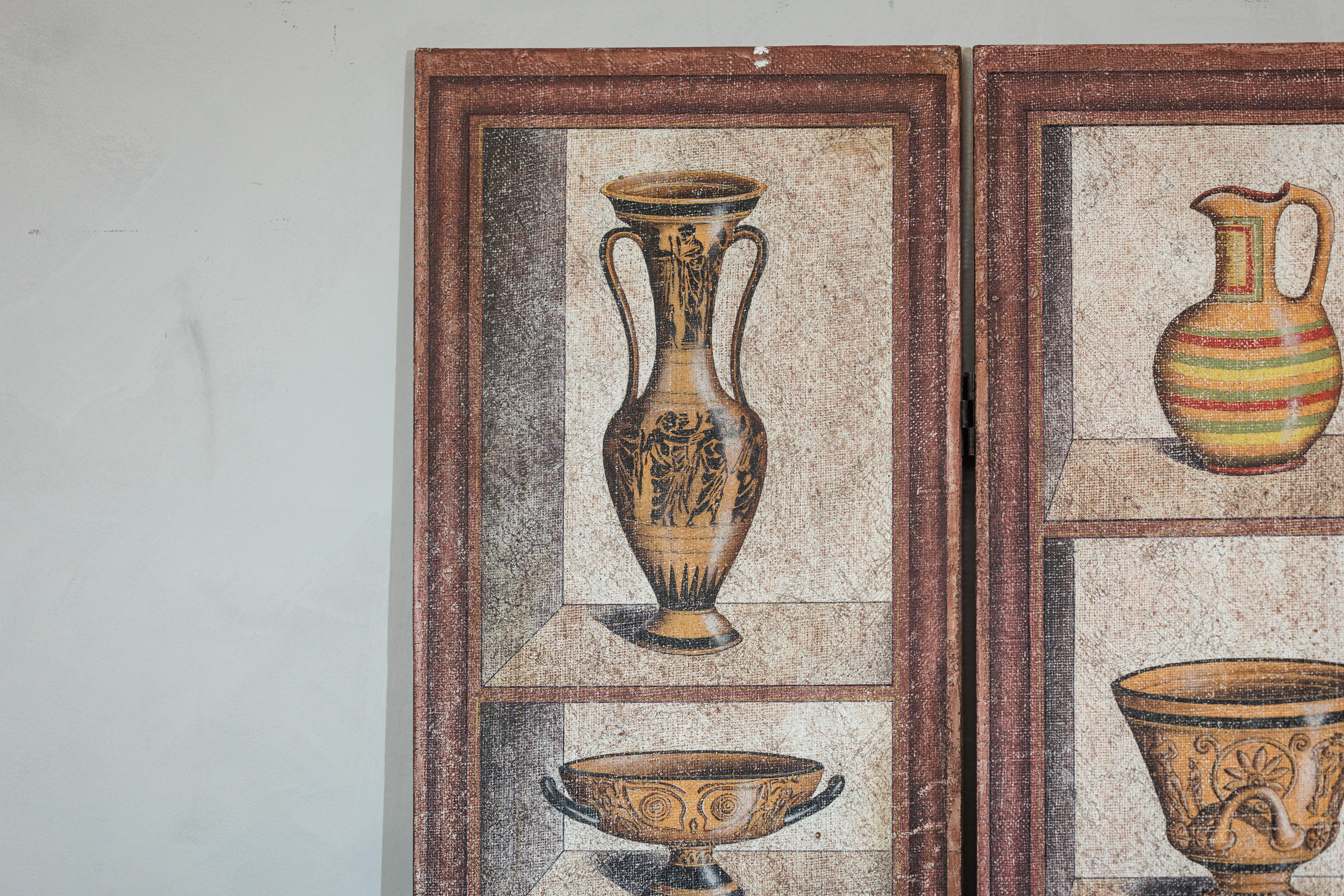 Vintage Chinese Three-Panel Screen with Painted Classical Vessel Motifs For Sale 4