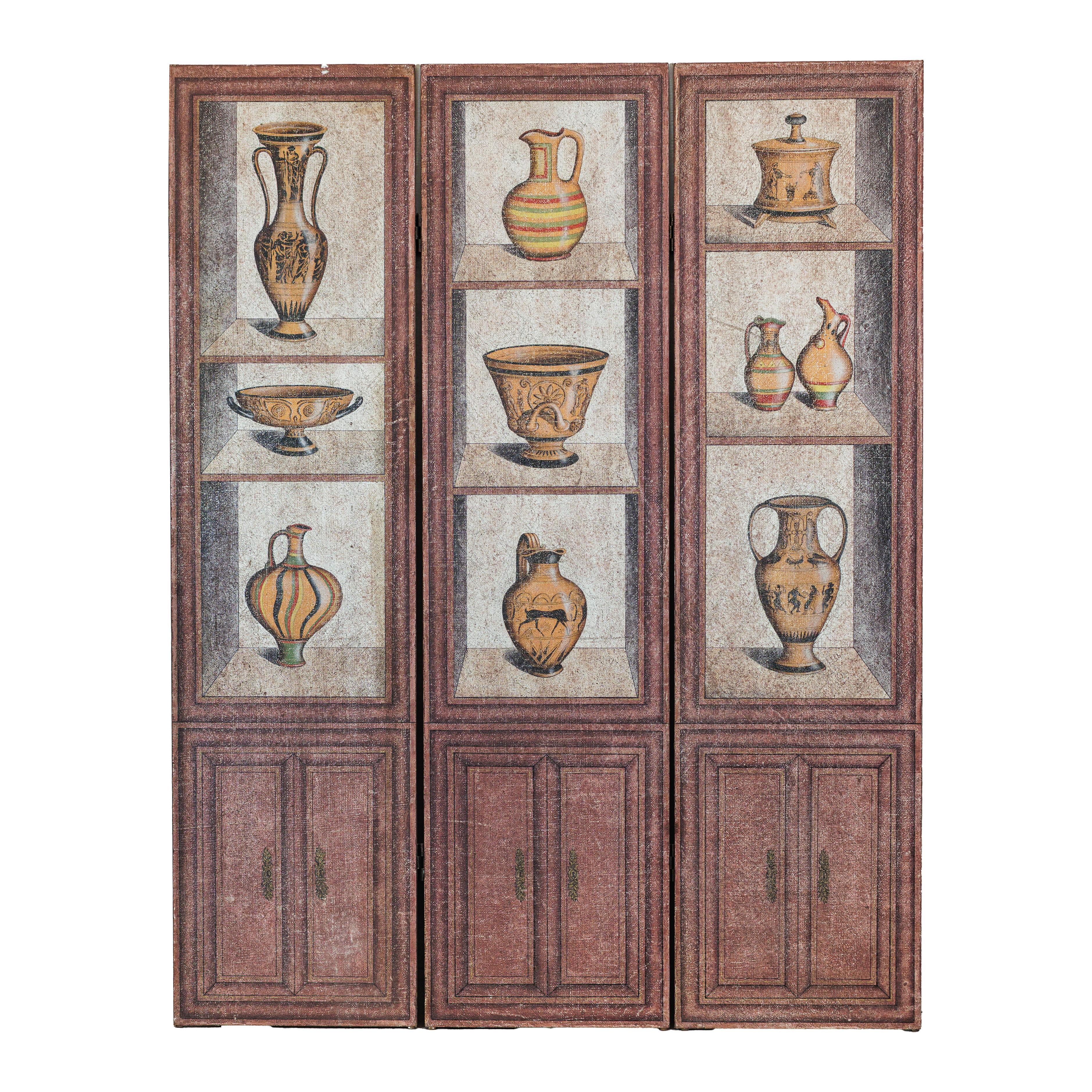 Vintage Chinese Three-Panel Screen with Painted Classical Vessel Motifs For Sale 12