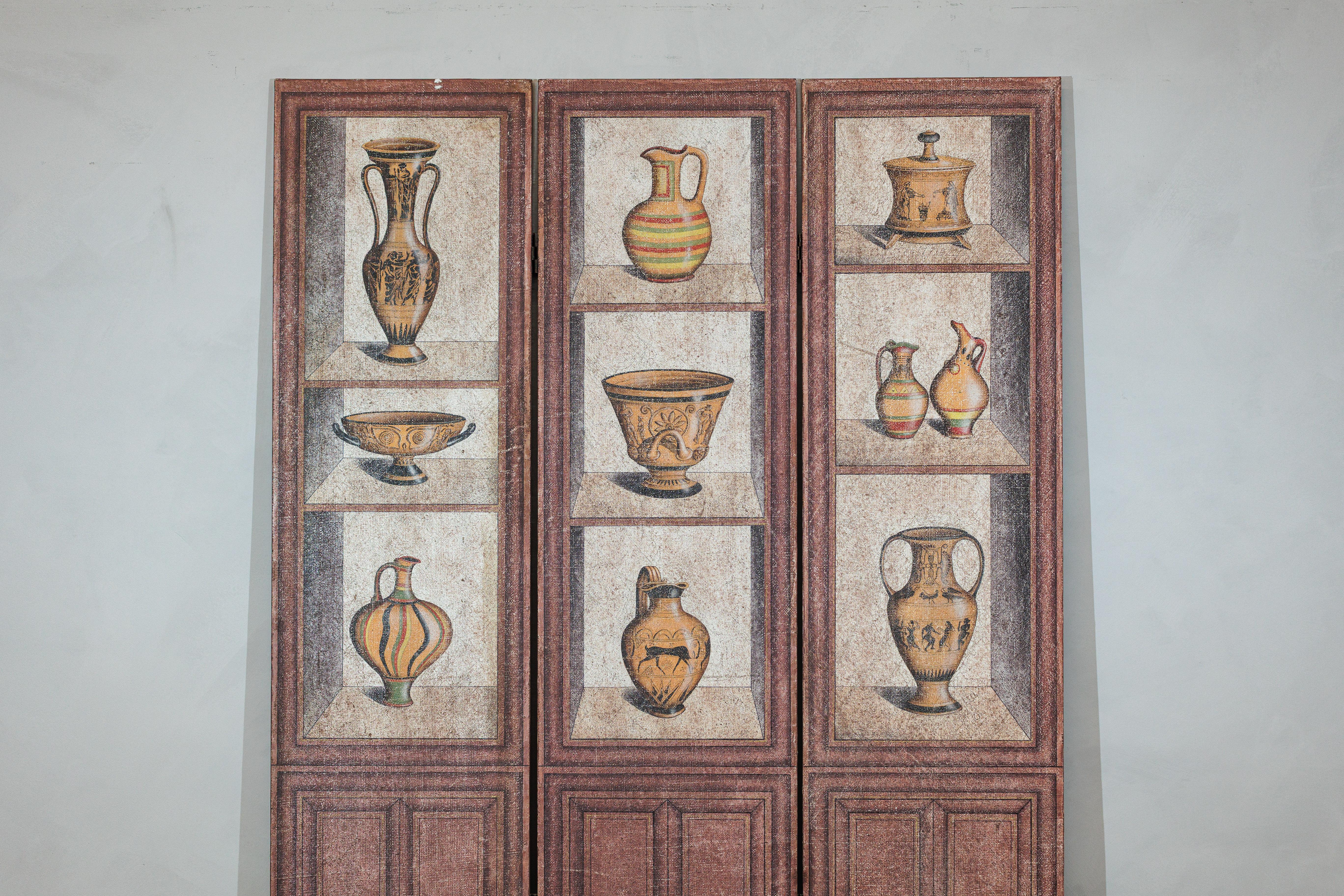 Hand-Painted Vintage Chinese Three-Panel Screen with Painted Classical Vessel Motifs For Sale