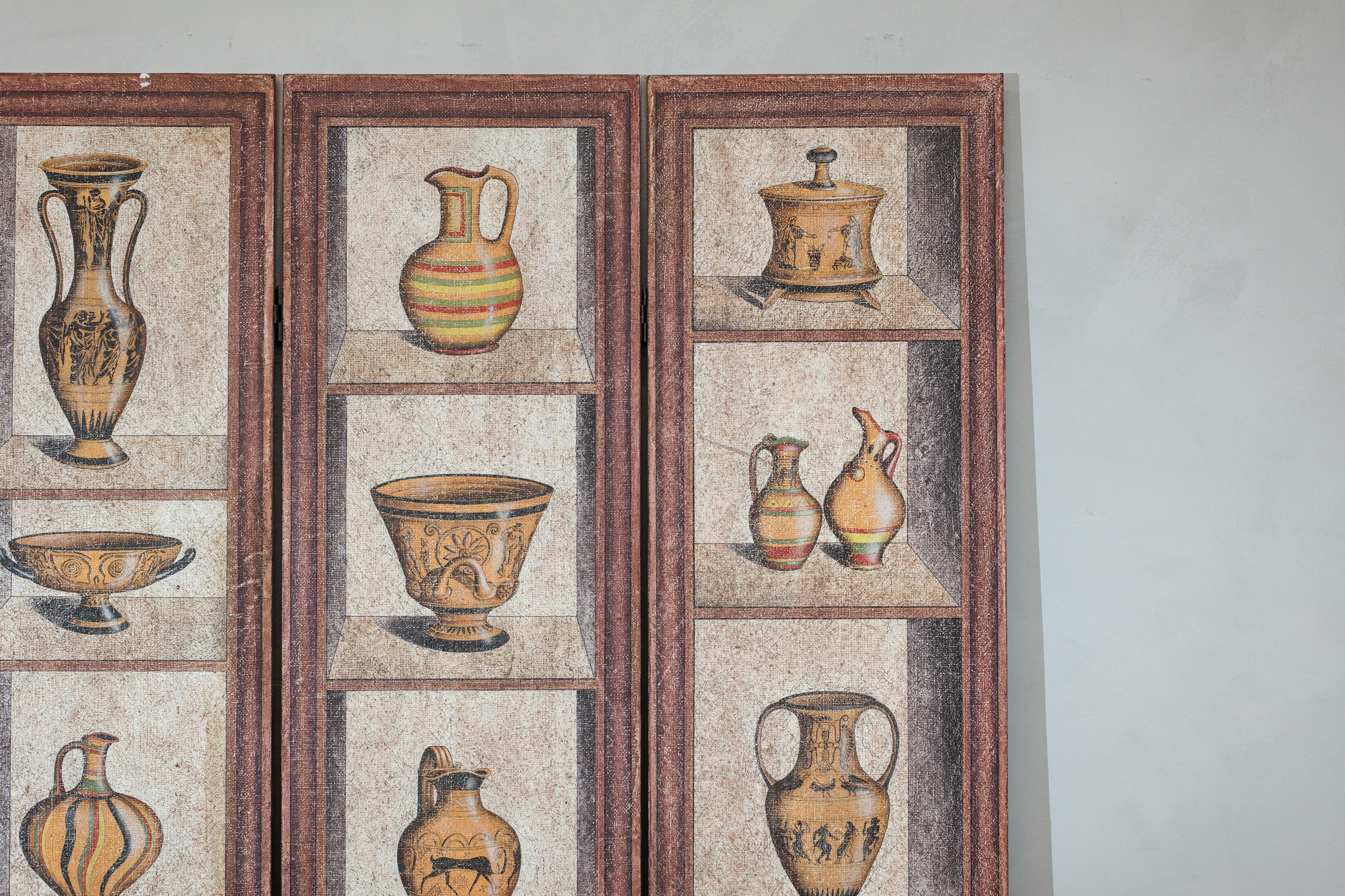 Canvas Vintage Chinese Three-Panel Screen with Painted Classical Vessel Motifs For Sale