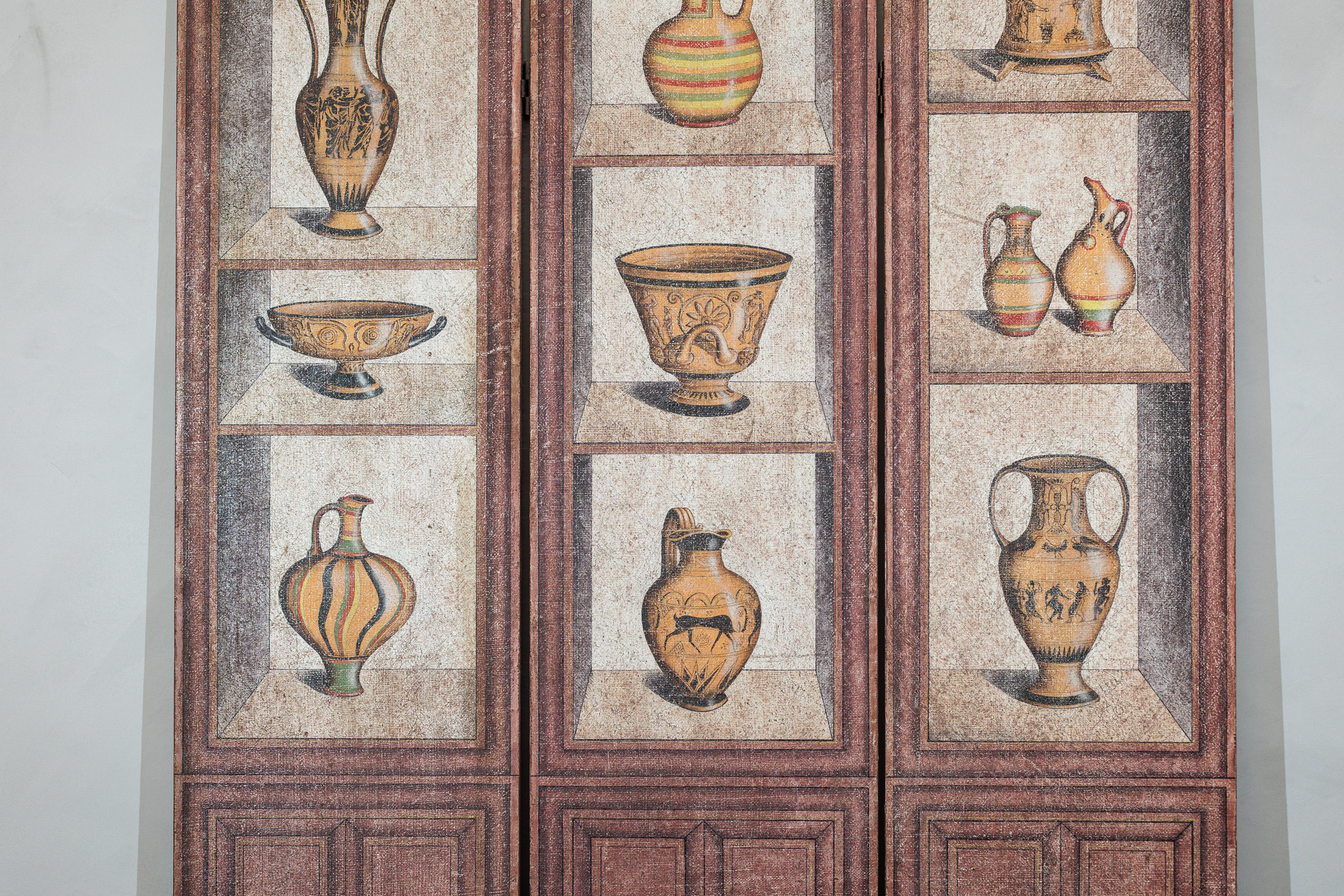 Vintage Chinese Three-Panel Screen with Painted Classical Vessel Motifs For Sale 1