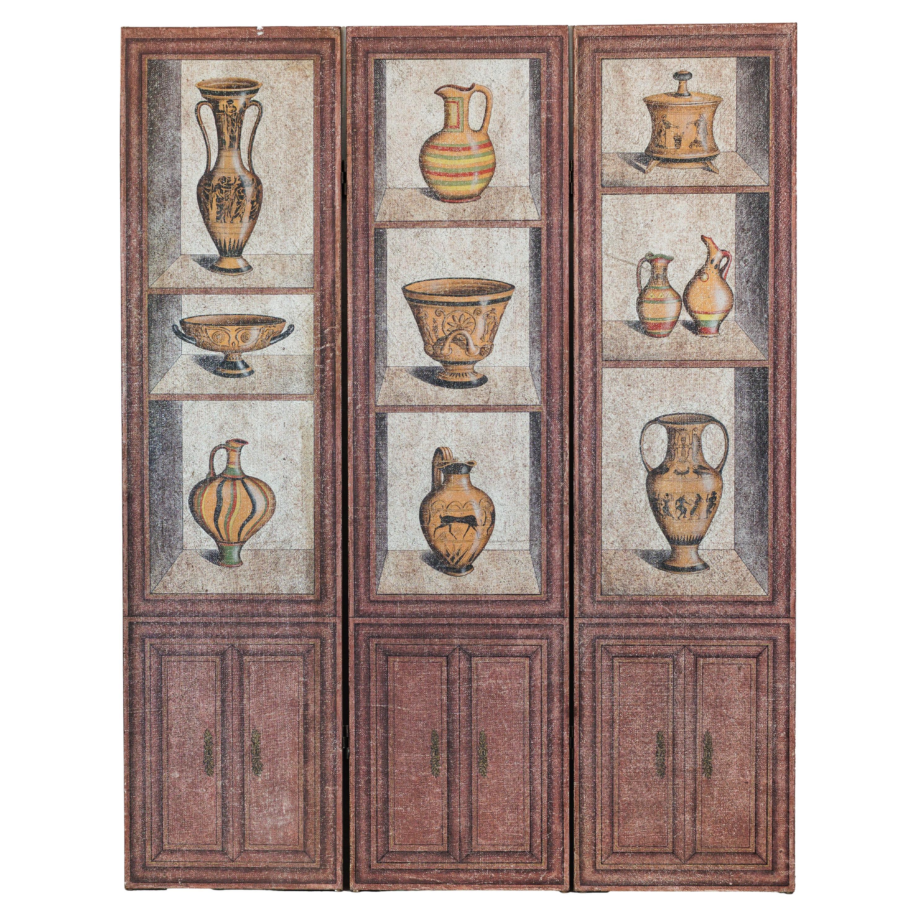 Vintage Chinese Three-Panel Screen with Painted Classical Vessel Motifs For Sale