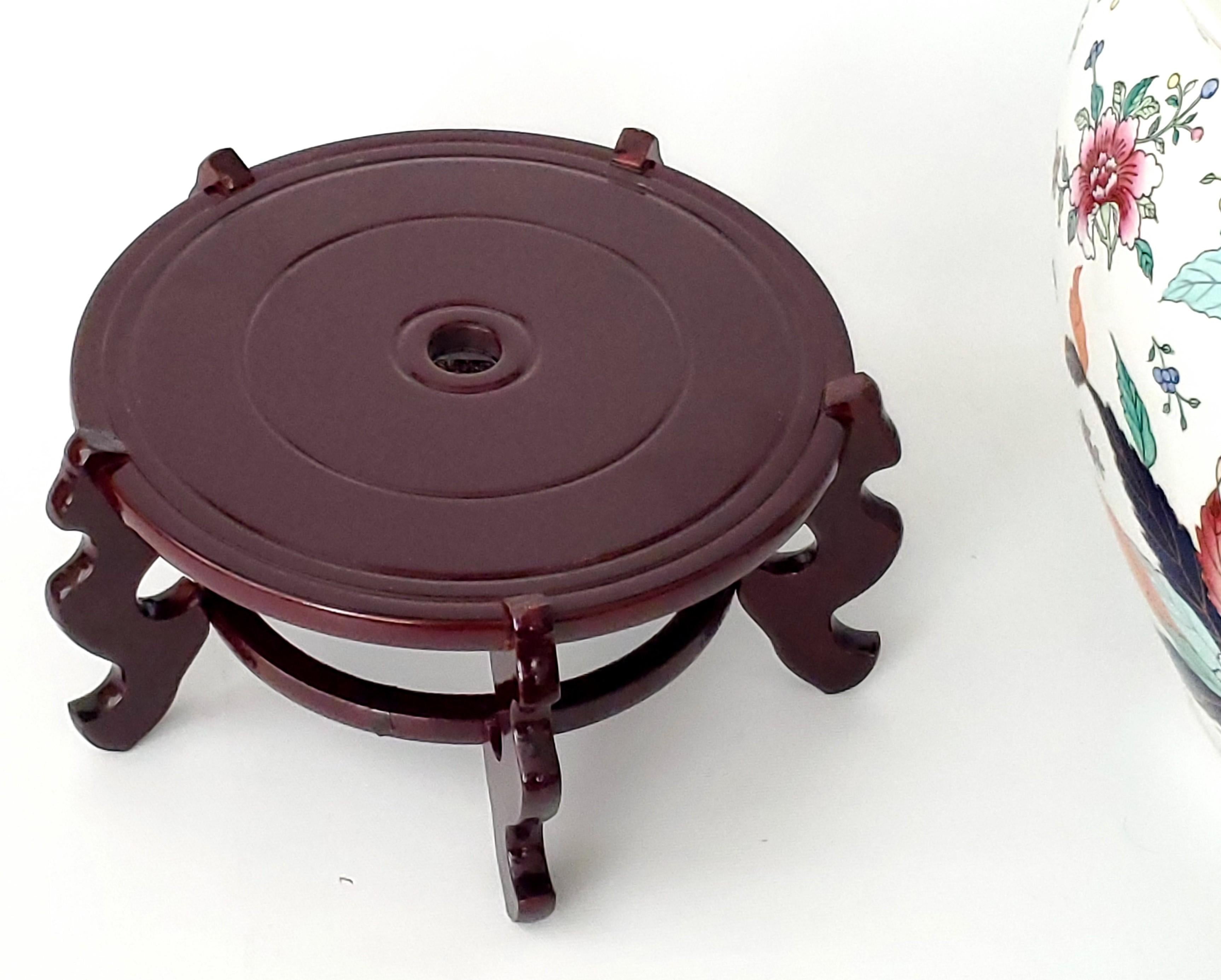 Vintage Chinese Tobacco Leaf Planter Hand Painted Porcelain with Wood Stand For Sale 5