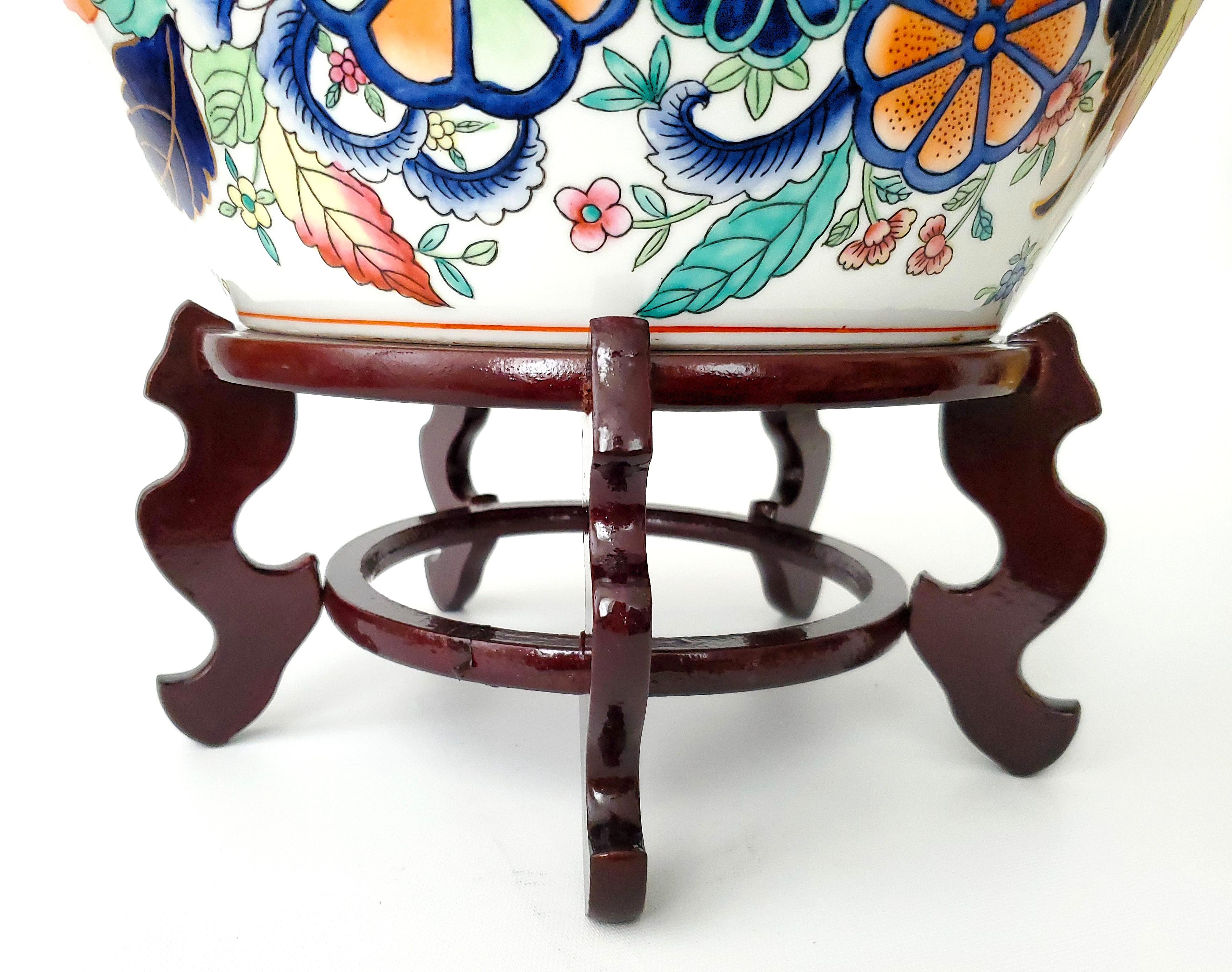 Vintage Chinese Tobacco Leaf Planter Hand Painted Porcelain with Wood Stand For Sale 6