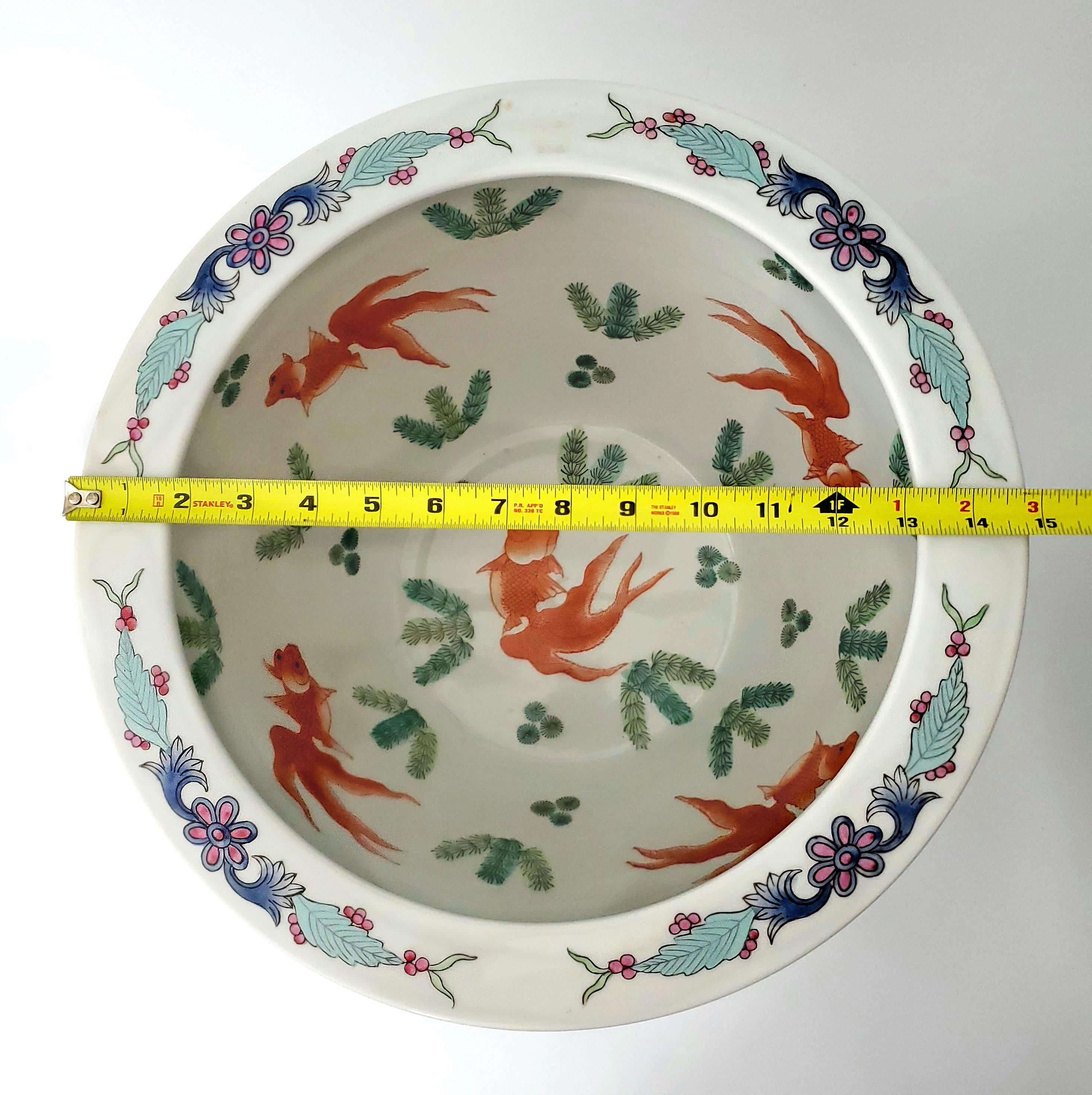 Hand-Painted Vintage Chinese Tobacco Leaf Planter Hand Painted Porcelain with Wood Stand For Sale