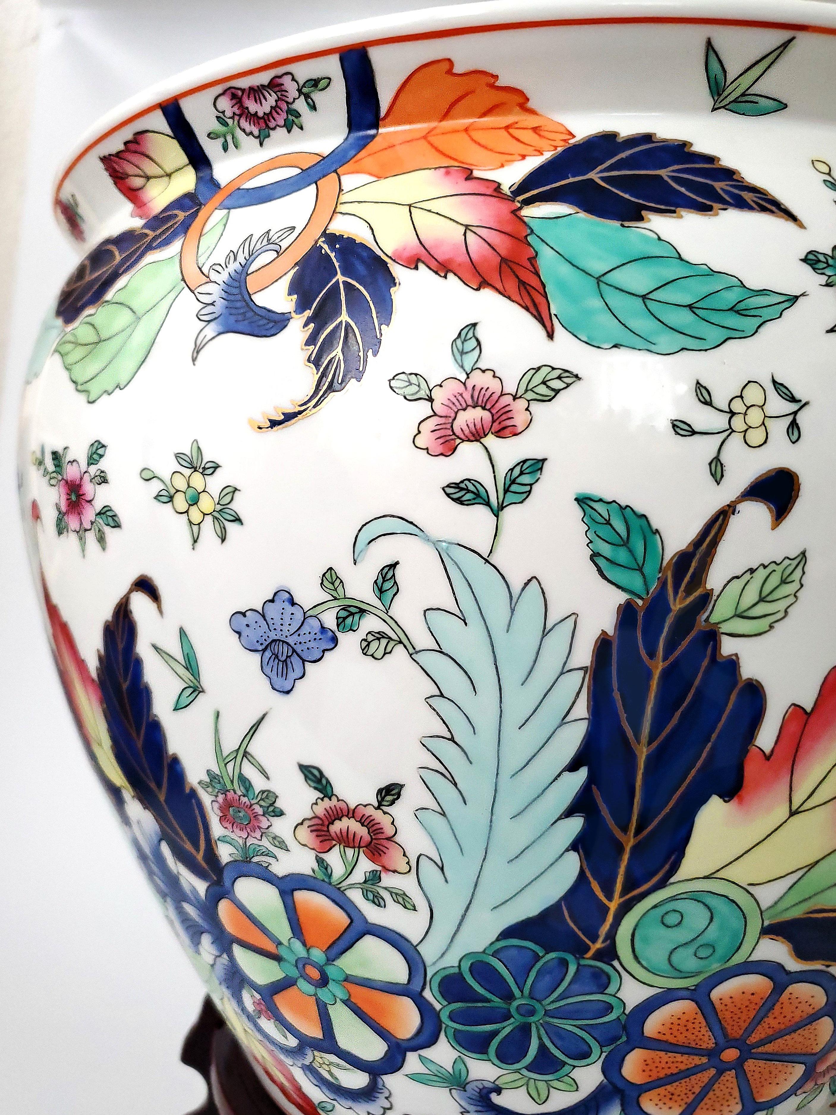 20th Century Vintage Chinese Tobacco Leaf Planter Hand Painted Porcelain with Wood Stand For Sale