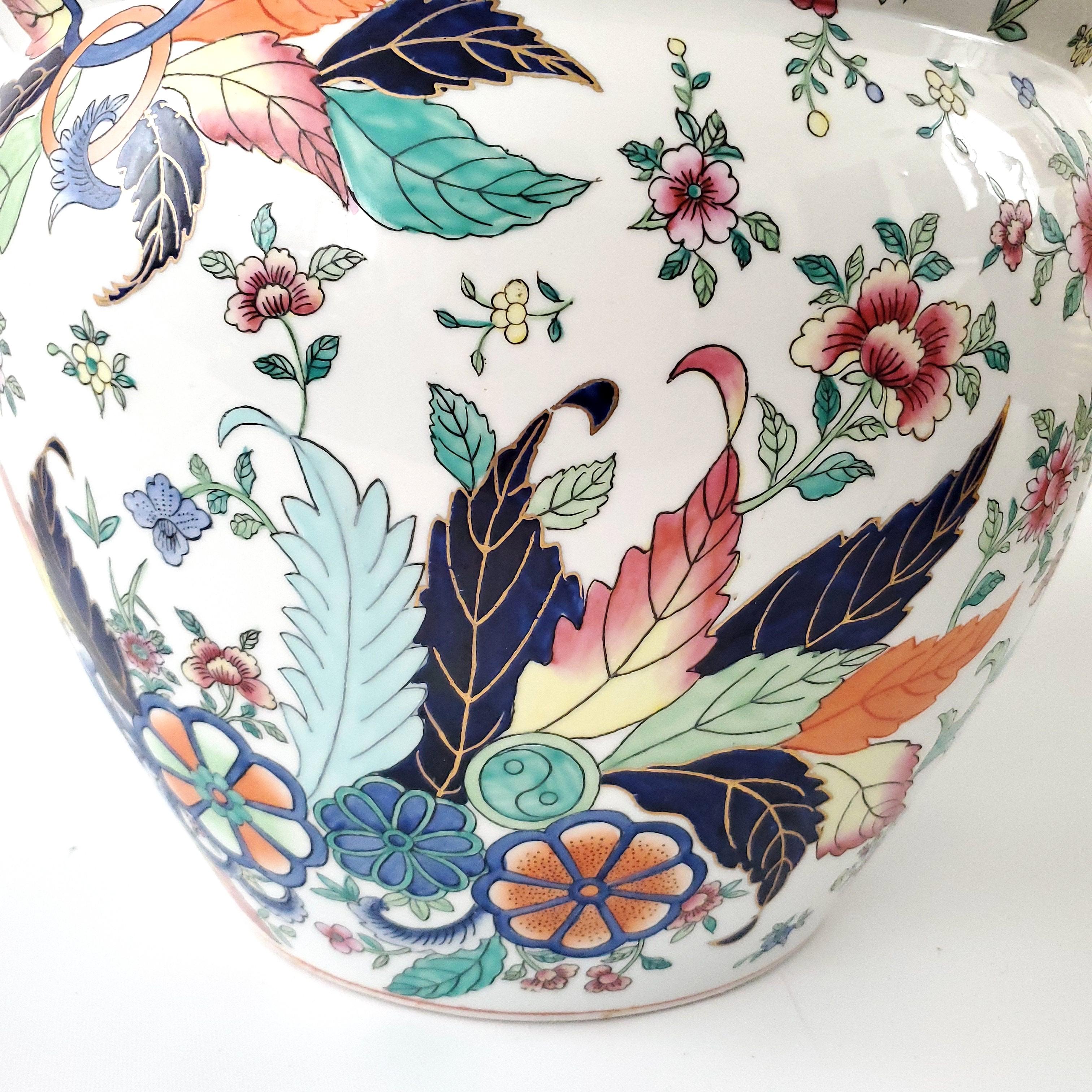 Vintage Chinese Tobacco Leaf Planter Hand Painted Porcelain with Wood Stand For Sale 1