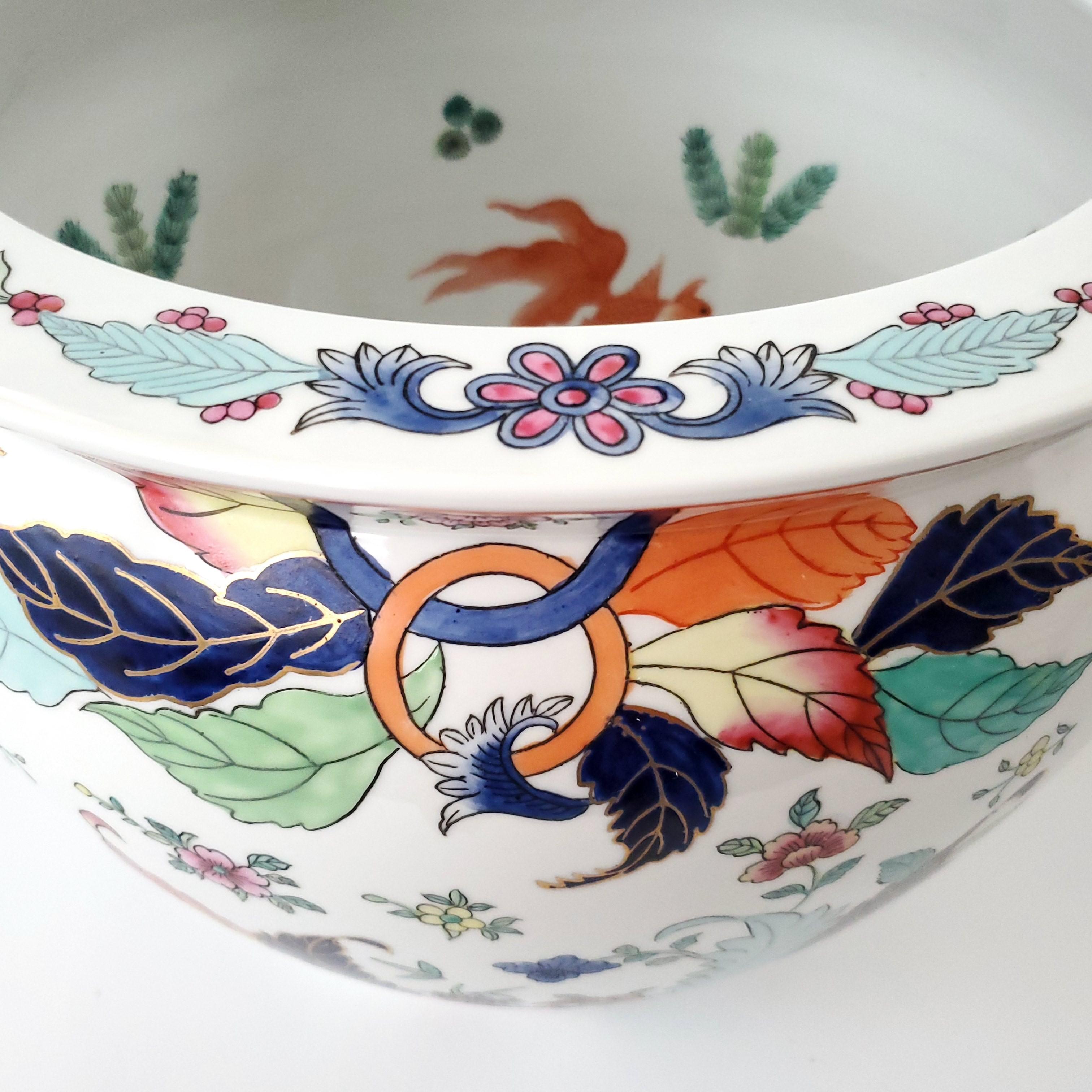 Vintage Chinese Tobacco Leaf Planter Hand Painted Porcelain with Wood Stand For Sale 3
