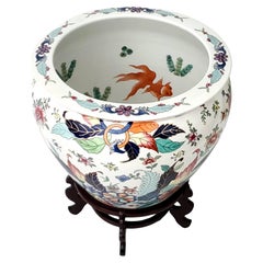 Vintage Chinese Tobacco Leaf Planter Hand Painted Porcelain with Wood Stand