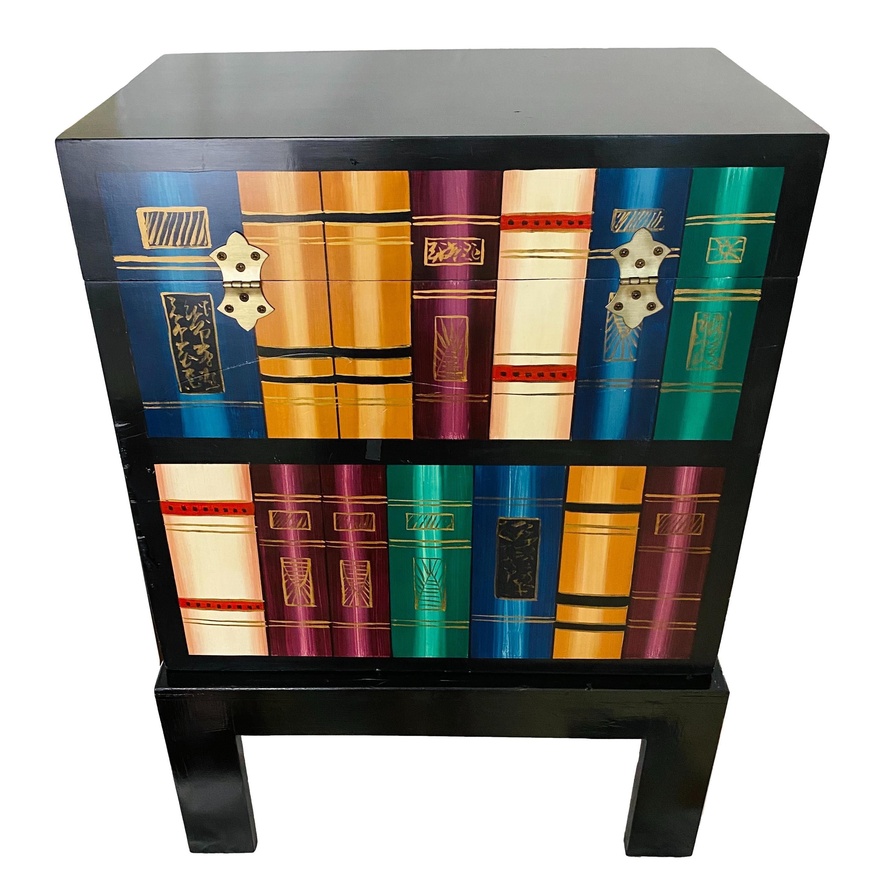 Lacquered Vintage Chinese Trompe l'Oeil Bookcase Storage Chest on Stand