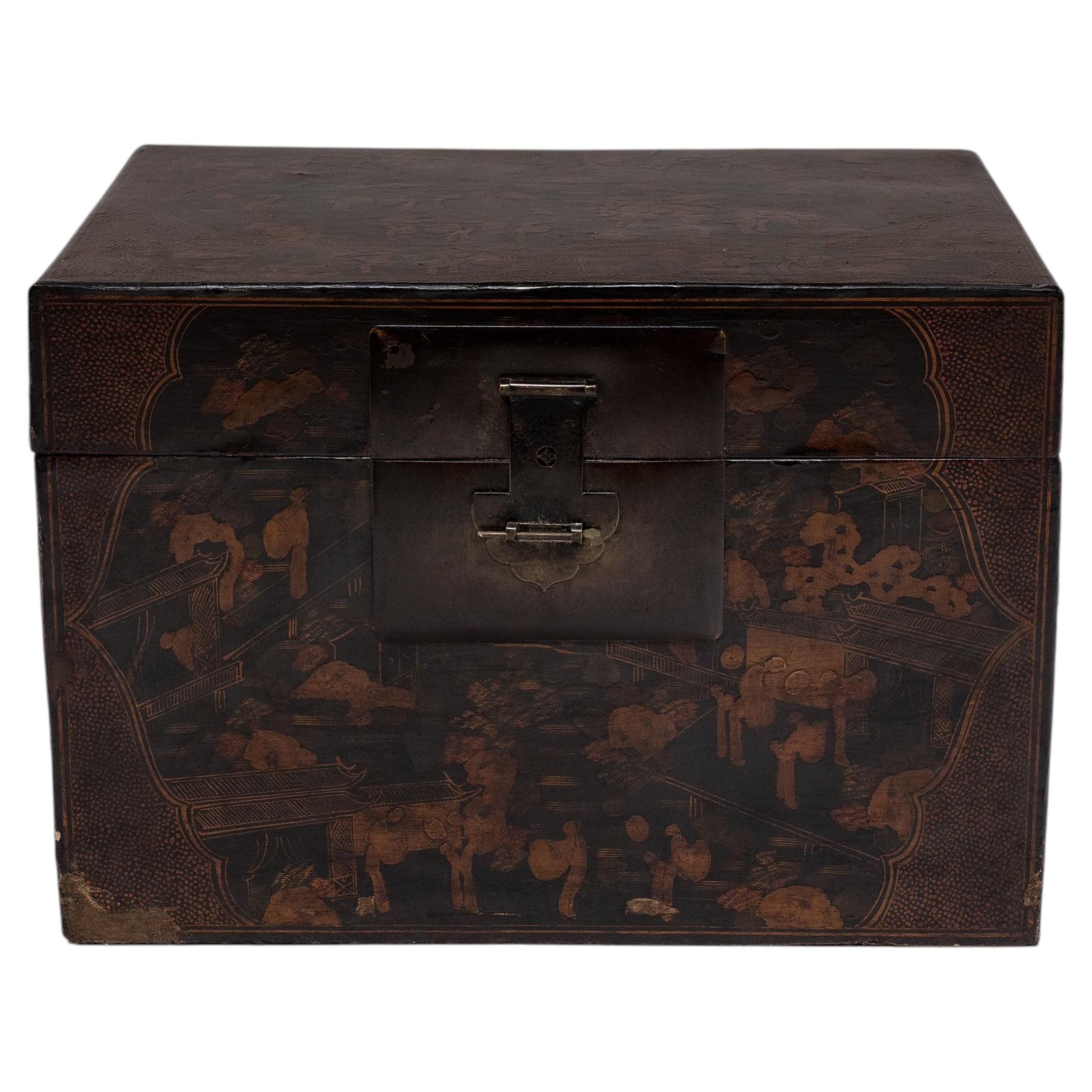 Vintage Chinese Trunk mit Palast Hof Gemälde