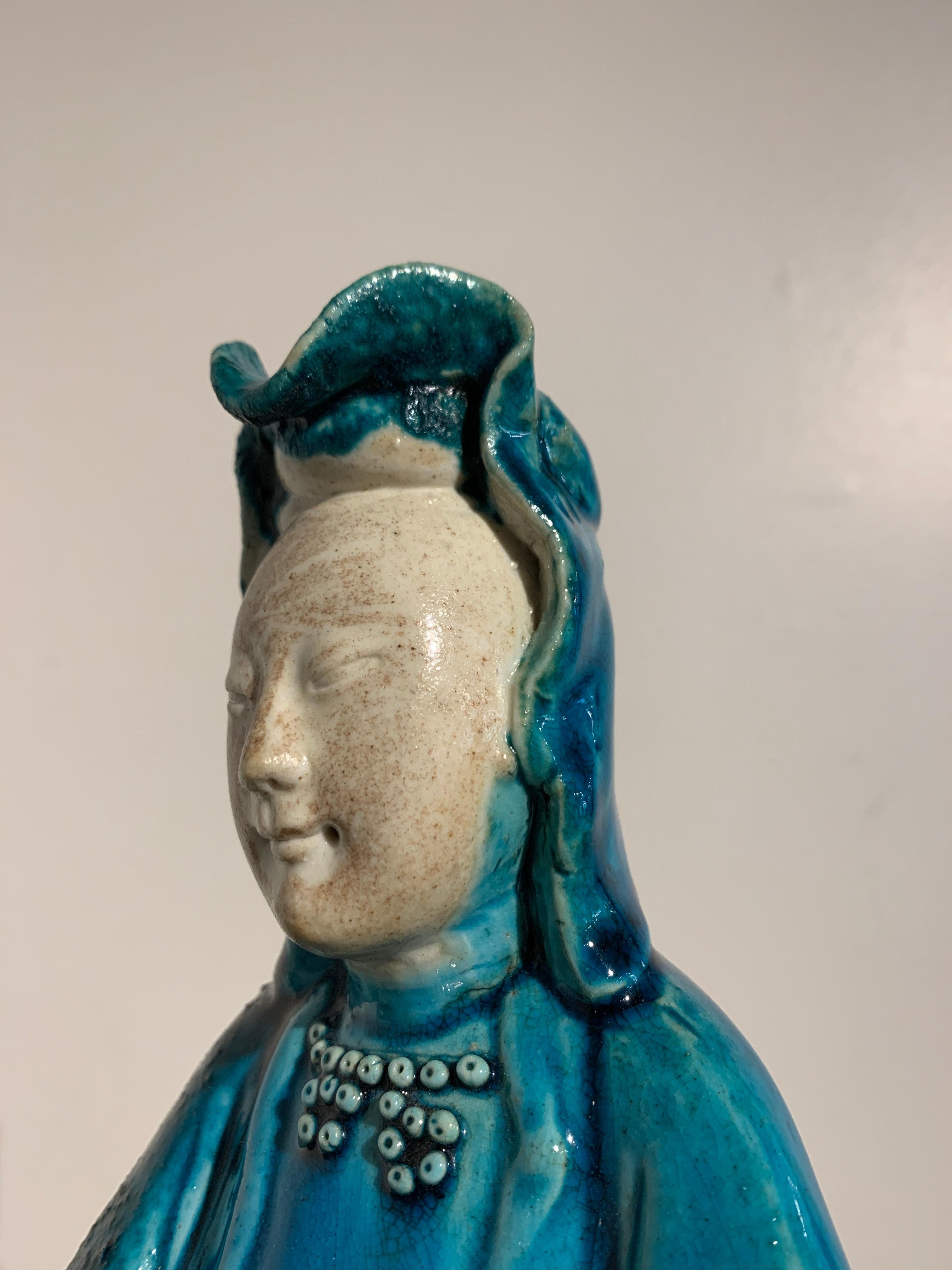 Vintage Chinese Turquoise Glazed Guanyin Statue, Mid-20th Century, China 8