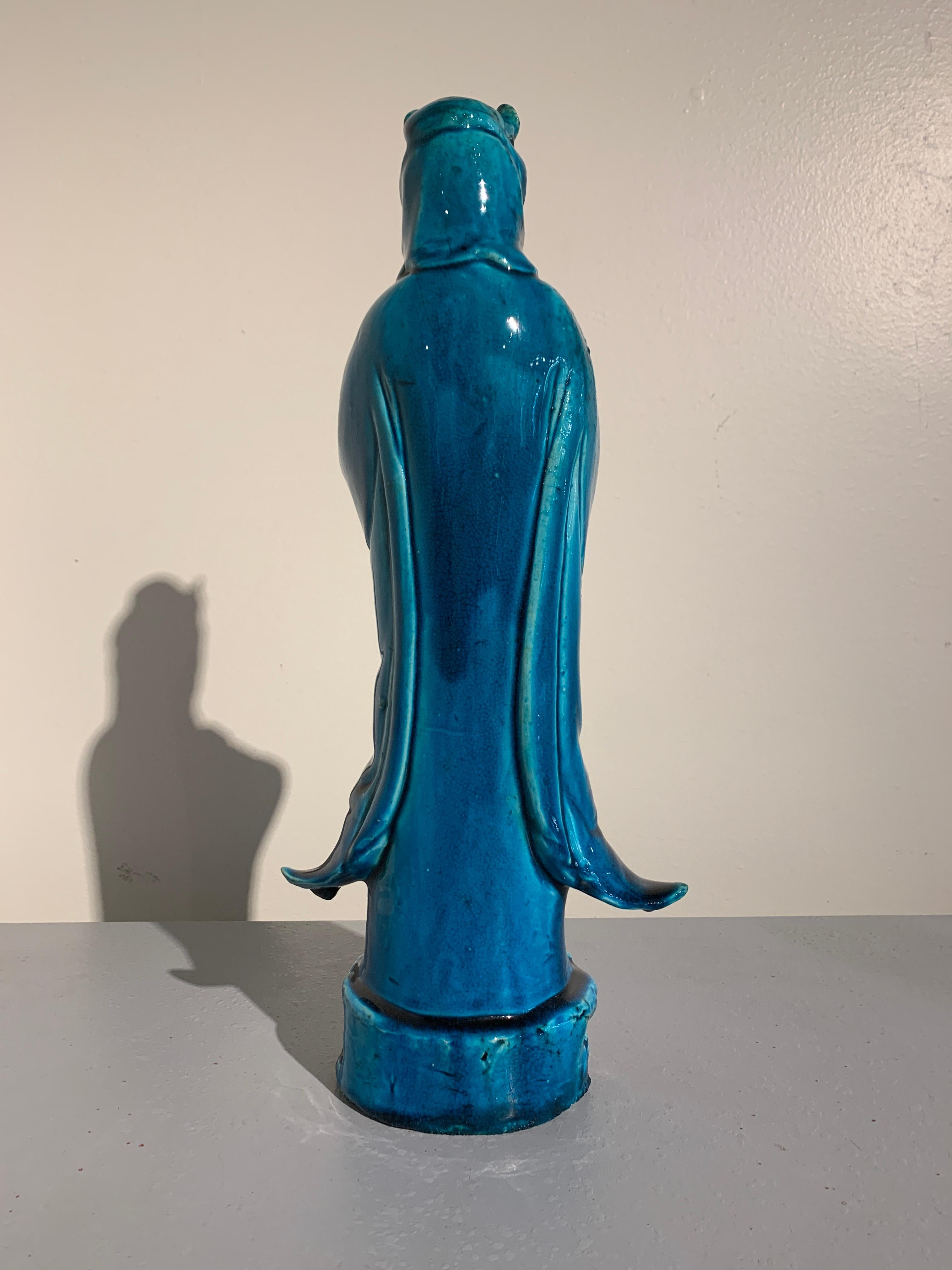 Porcelain Vintage Chinese Turquoise Glazed Guanyin Statue, Mid-20th Century, China