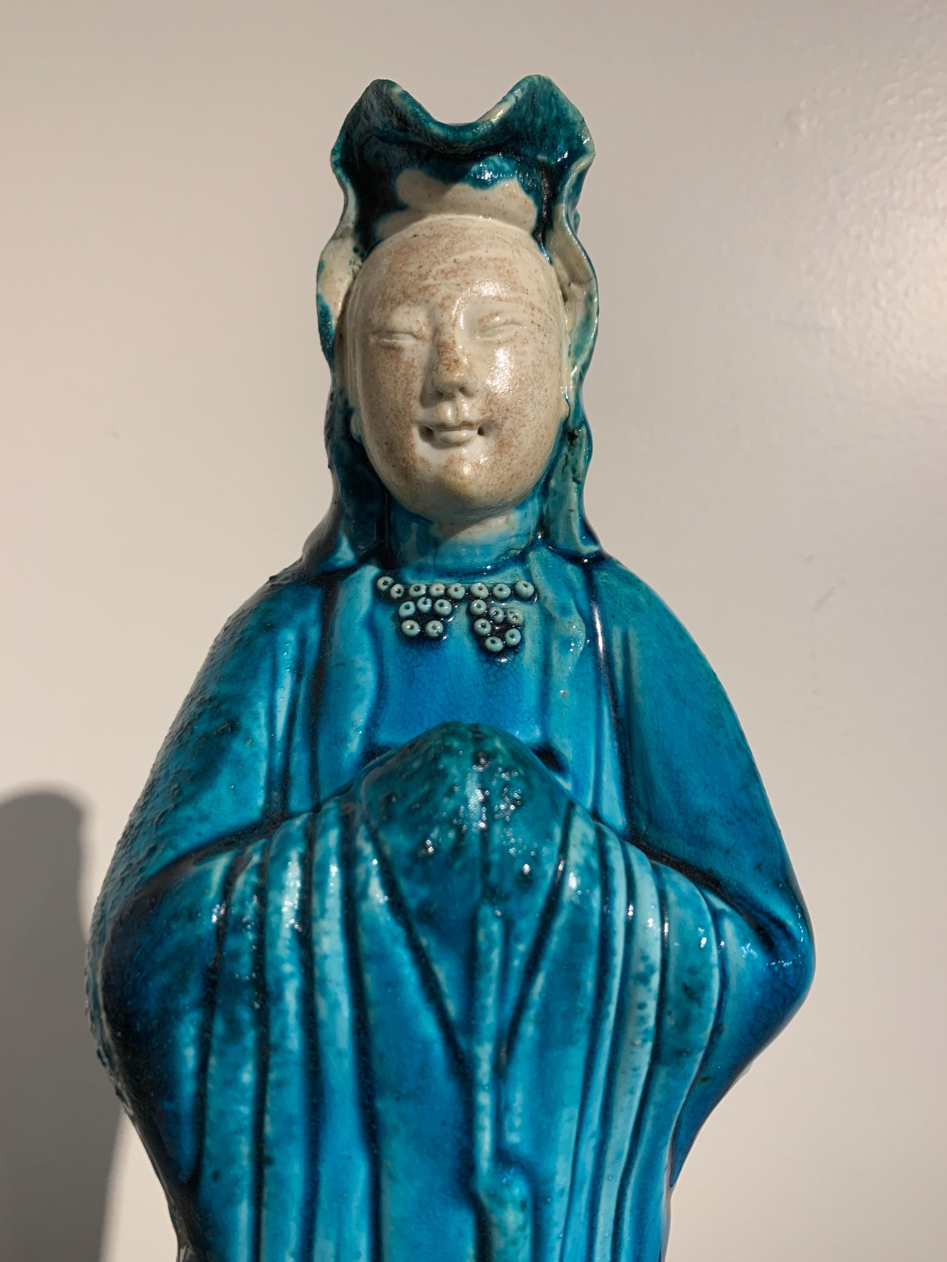 Vintage Chinese Turquoise Glazed Guanyin Statue, Mid-20th Century, China 3