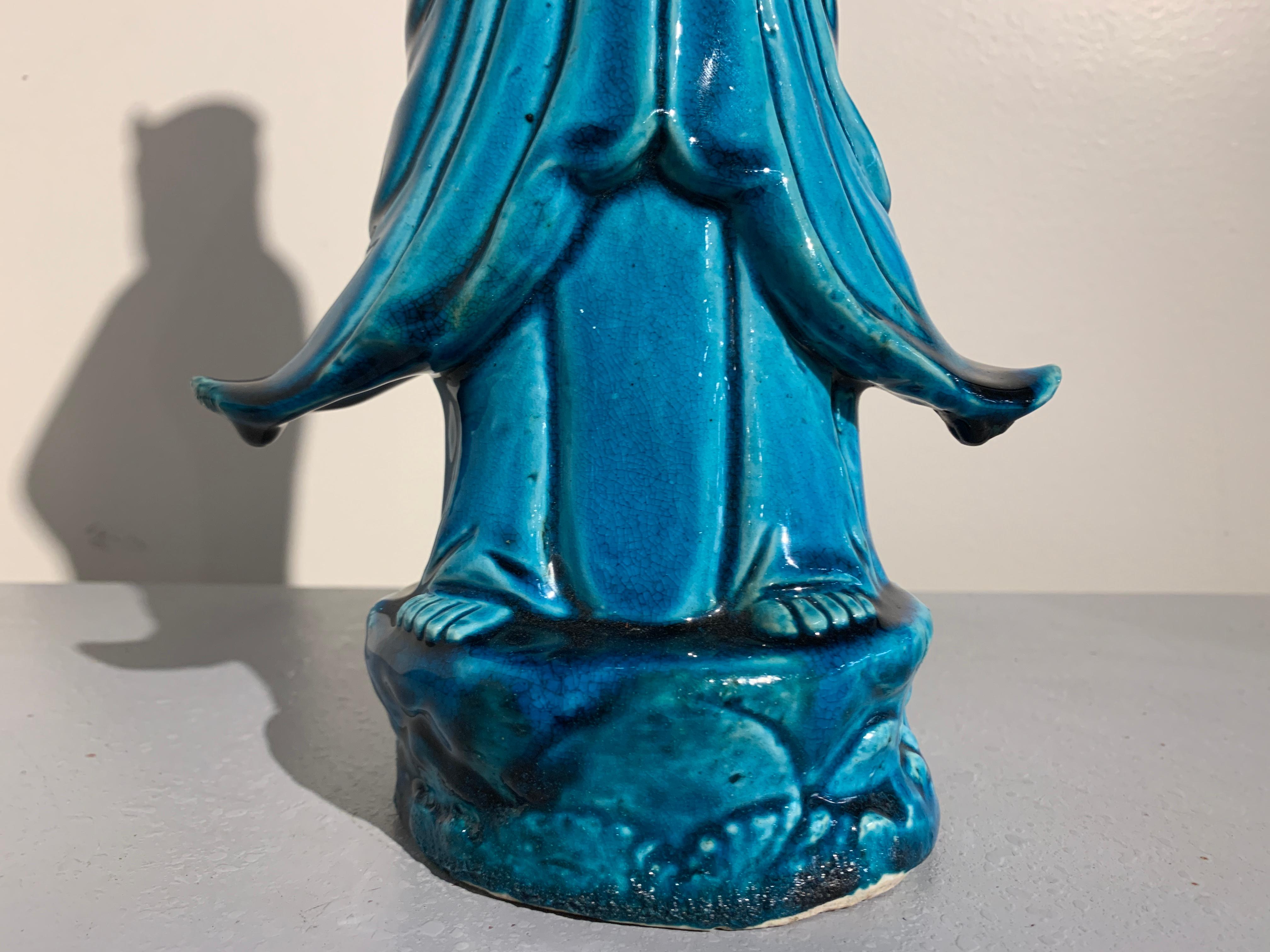 Vintage Chinese Turquoise Glazed Guanyin Statue, Mid-20th Century, China 4