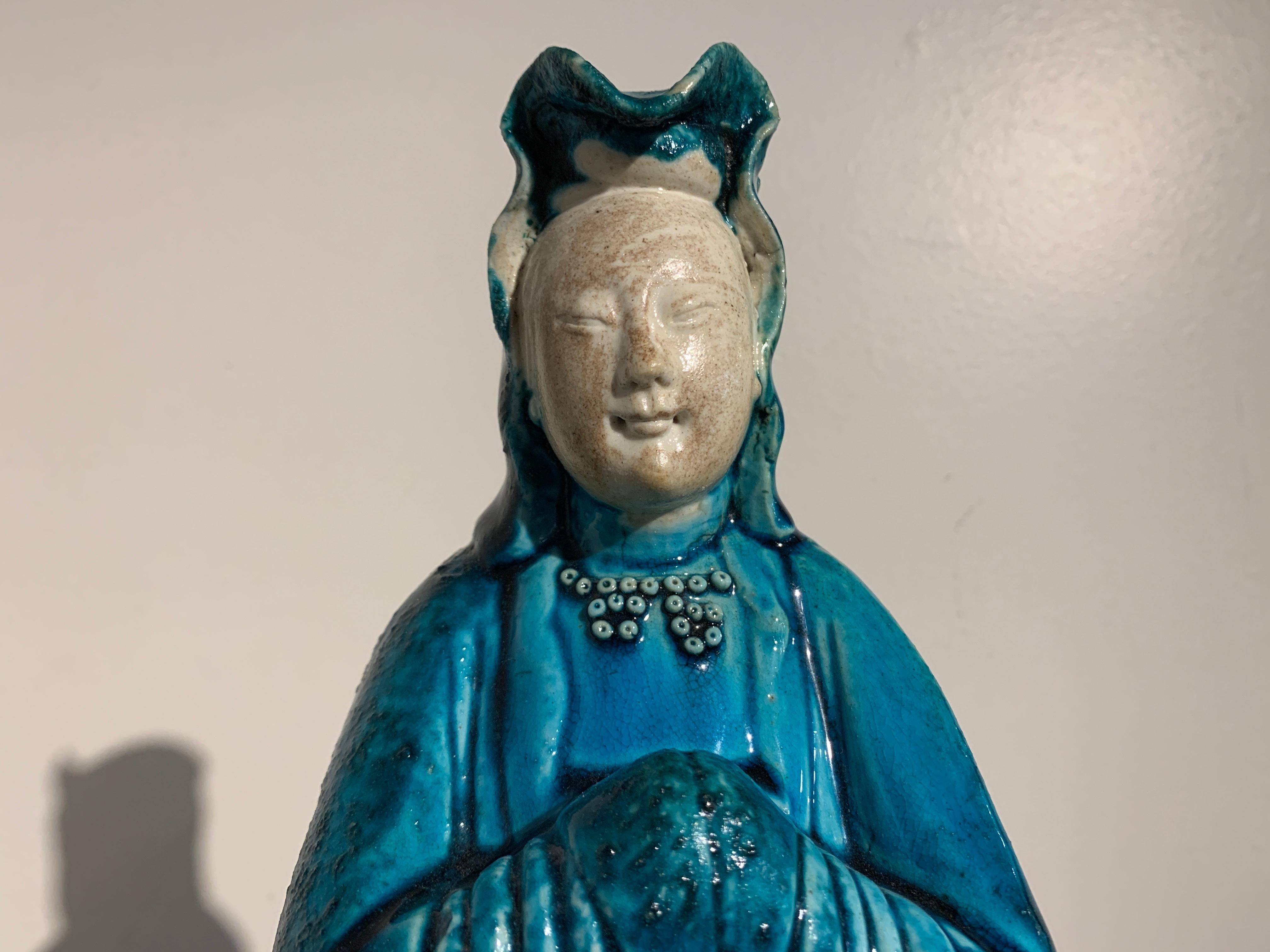 Vintage Chinese Turquoise Glazed Guanyin Statue, Mid-20th Century, China 5