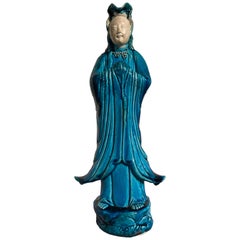 Vintage Chinese Turquoise Glazed Guanyin Statue, Mid-20th Century, China