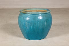 Maceta o jardinera vintage china de gres esmaltada en turquesa