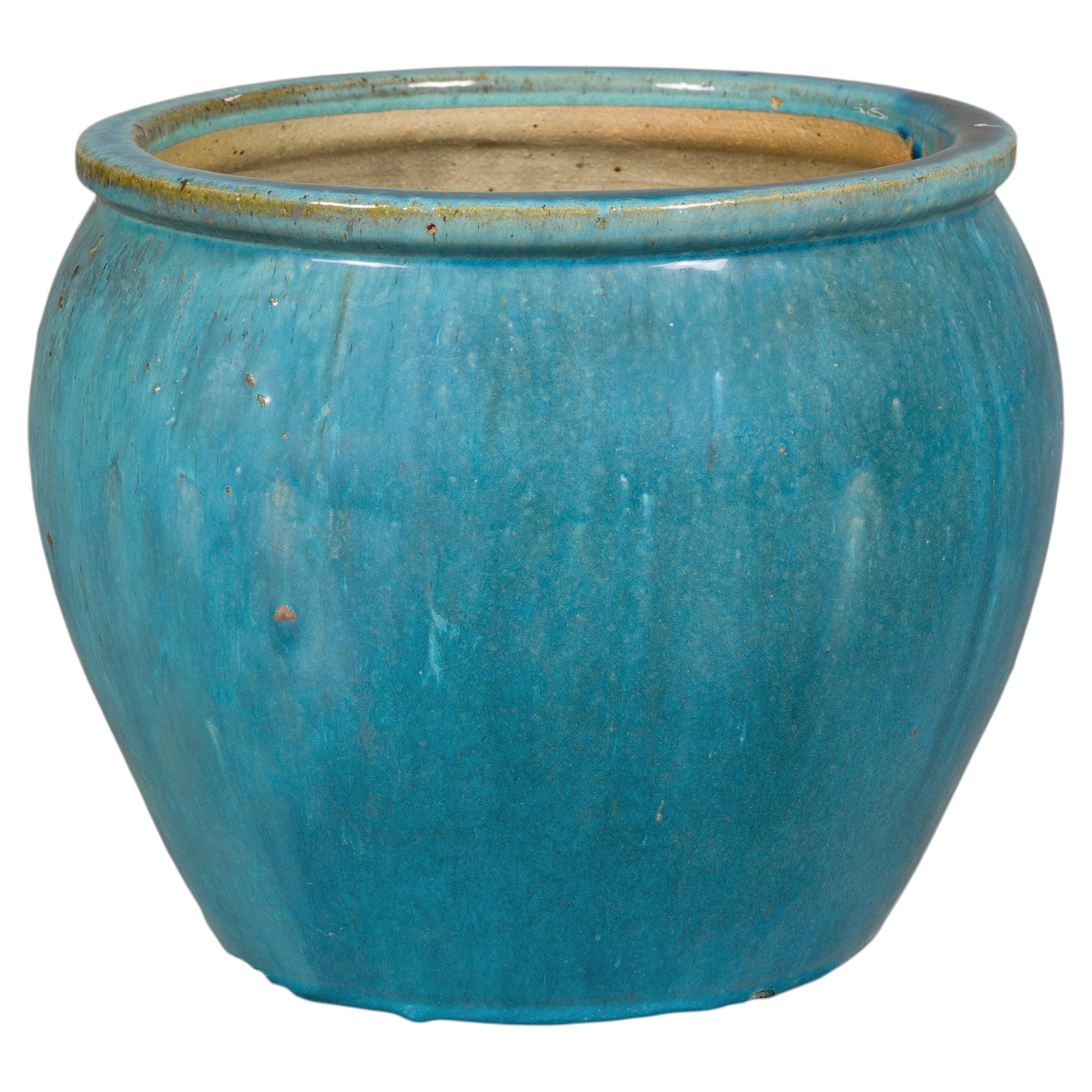 Vintage Chinese Turquoise Glazed Stoneware Cachepot or Planter