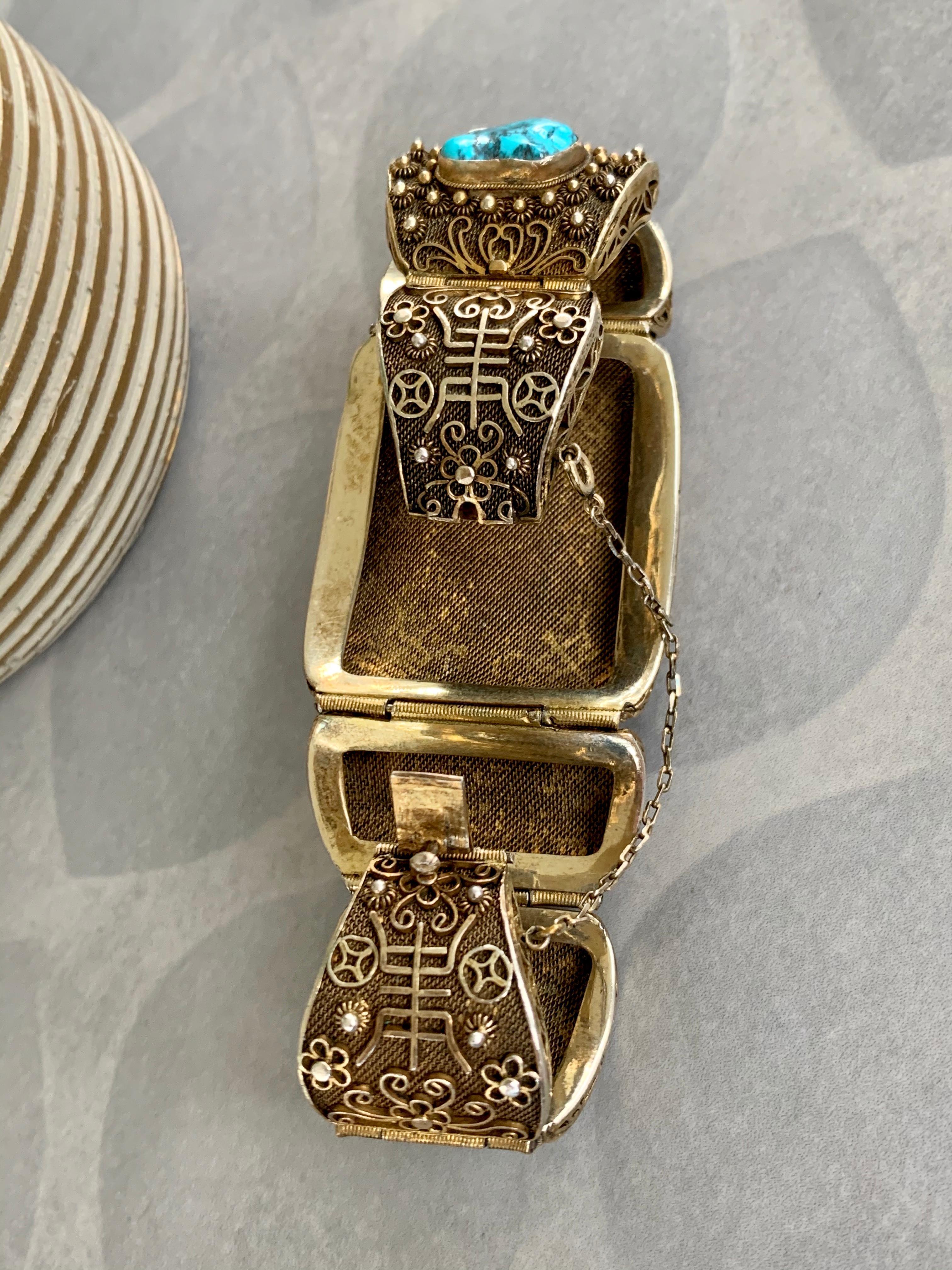 Tumbled Vintage Chinese Turquoise Sectional Gold Washed on Silver Bracelt