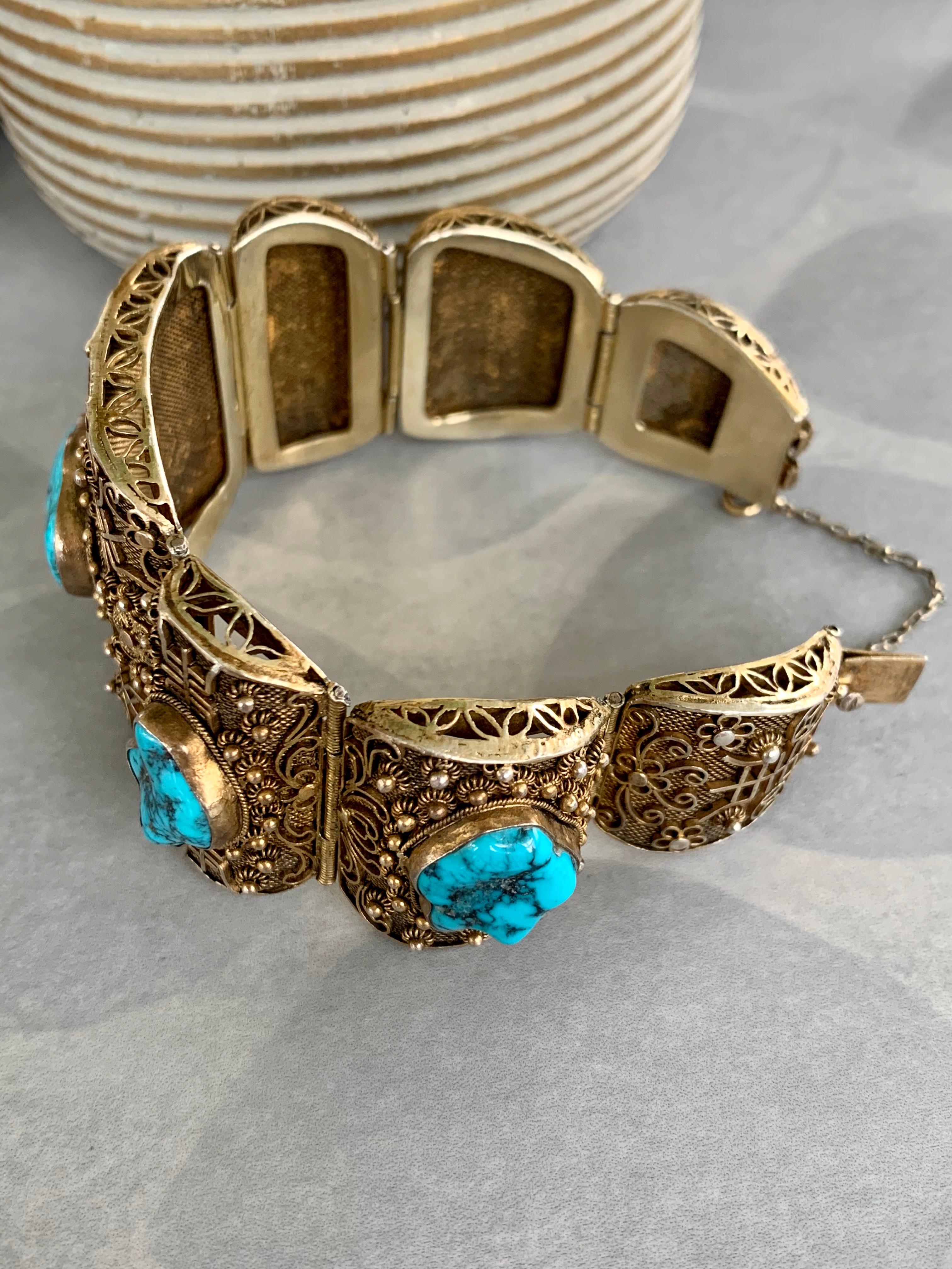 Vintage Chinese Turquoise Sectional Gold Washed on Silver Bracelt In Good Condition In St. Louis Park, MN