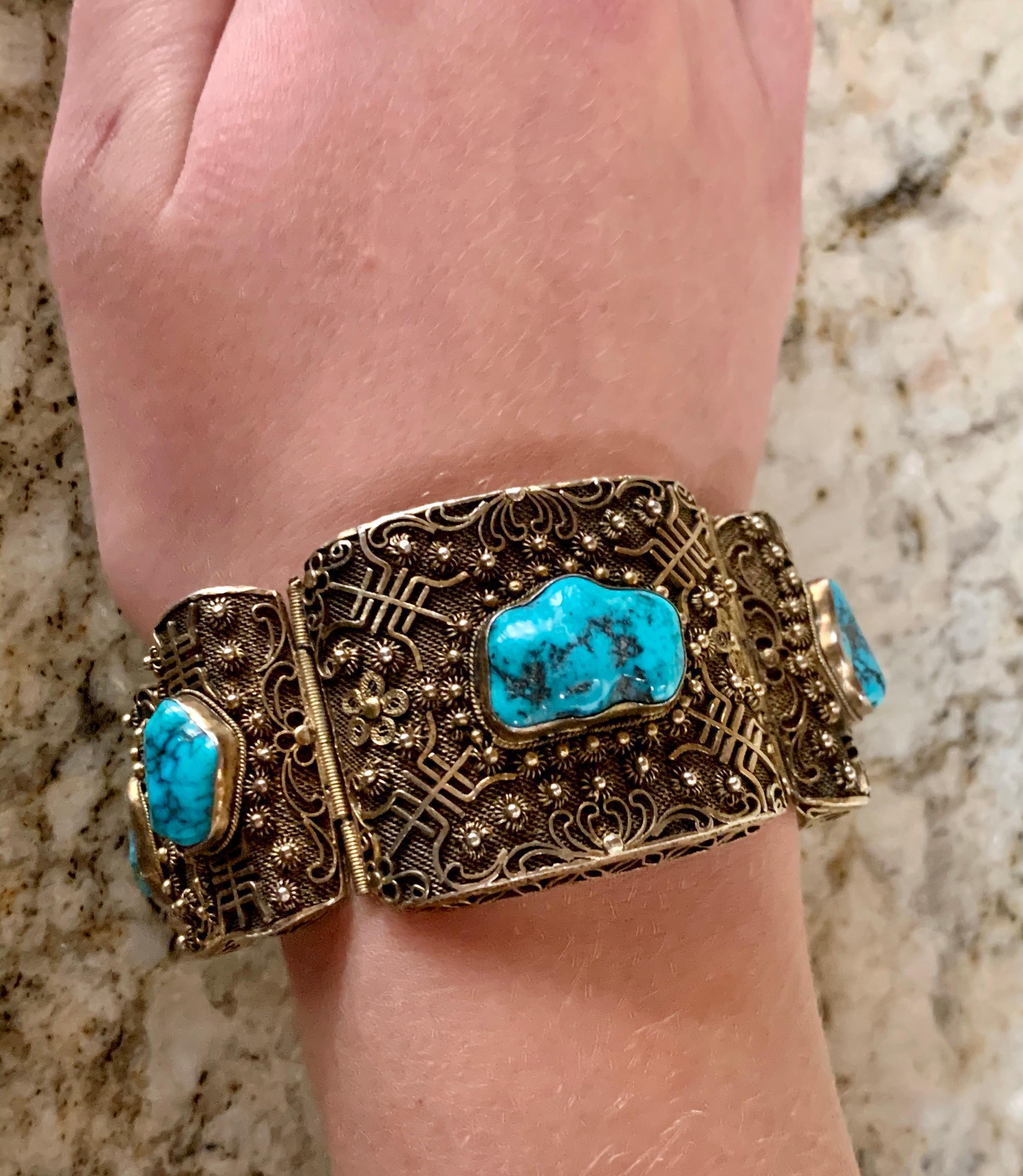 Vintage Chinese Turquoise Sectional Gold Washed on Silver Bracelt 1