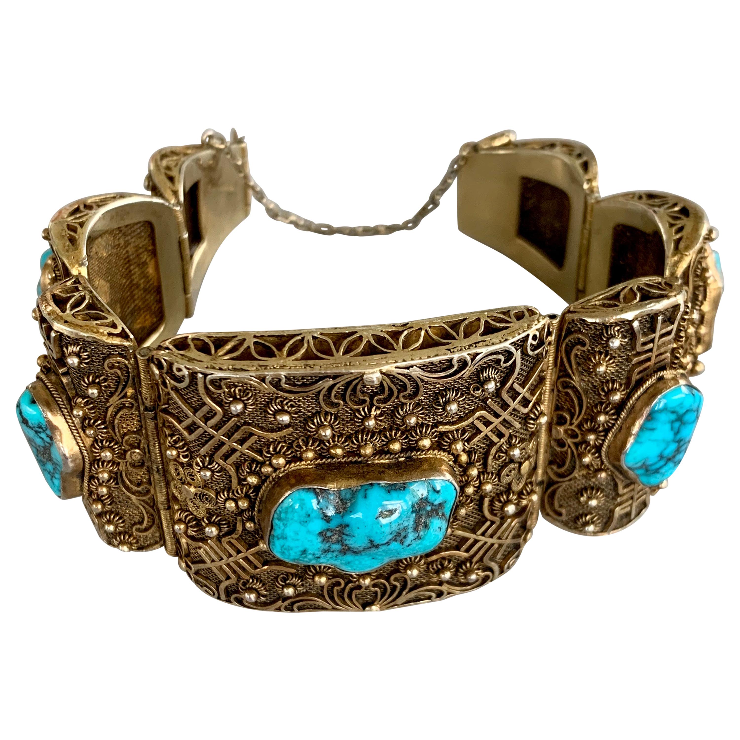 Vintage Chinese Turquoise Sectional Gold Washed on Silver Bracelt