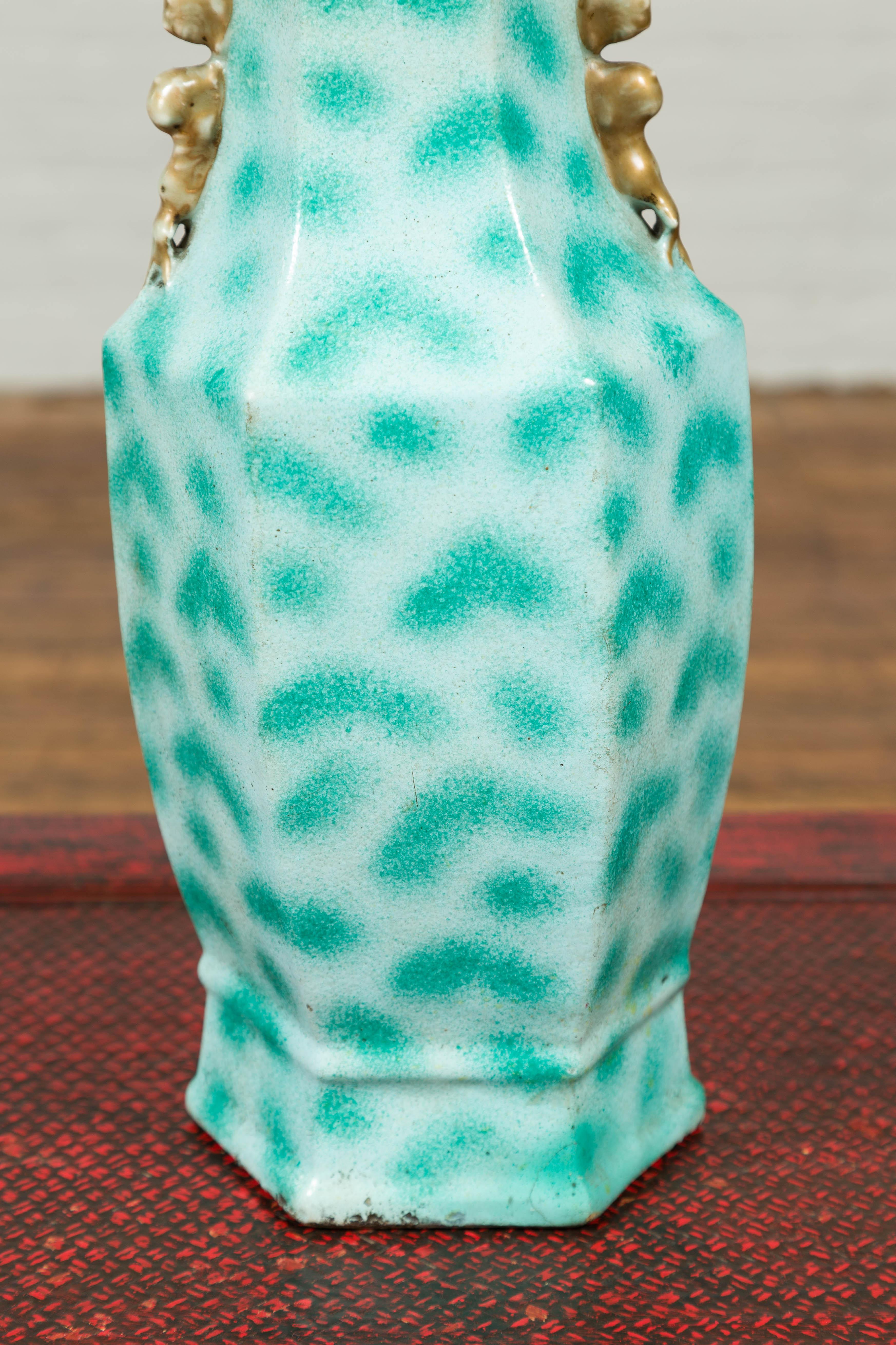 Ceramic Vintage Chinese Turquoise Vase with Spotted Design and Hexagonal Neck For Sale