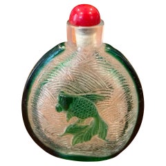 Vintage Chinese Turtle & Koi Fish Relief Green Glass Snuff Bottle
