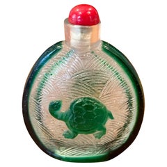 Vintage Chinese Turtle & Koi Fish Relief Green Glass Snuff Bottle
