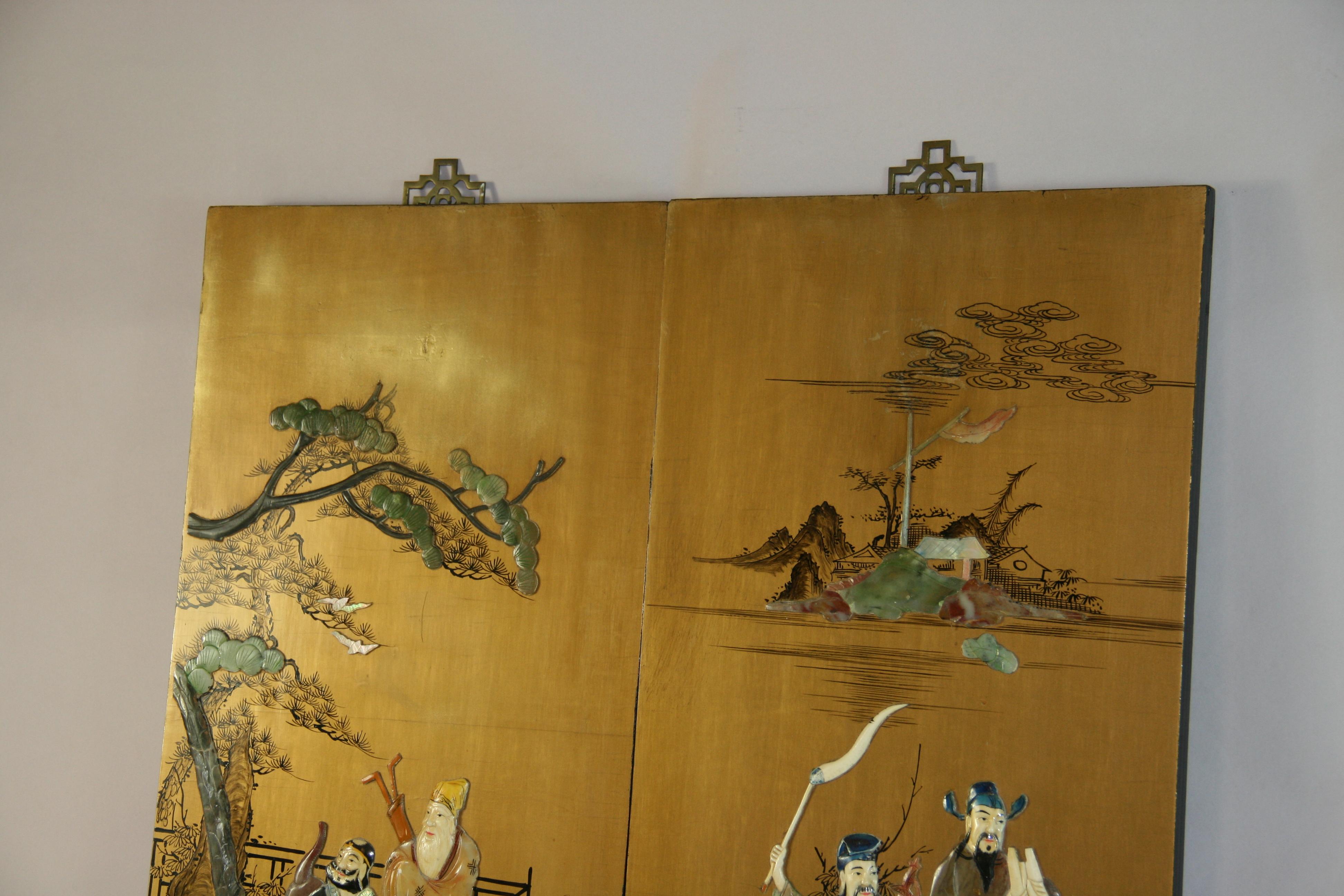 Vintage Chinese  Two Panel Colored stone Ansestoral Court Scene Panels For Sale 5