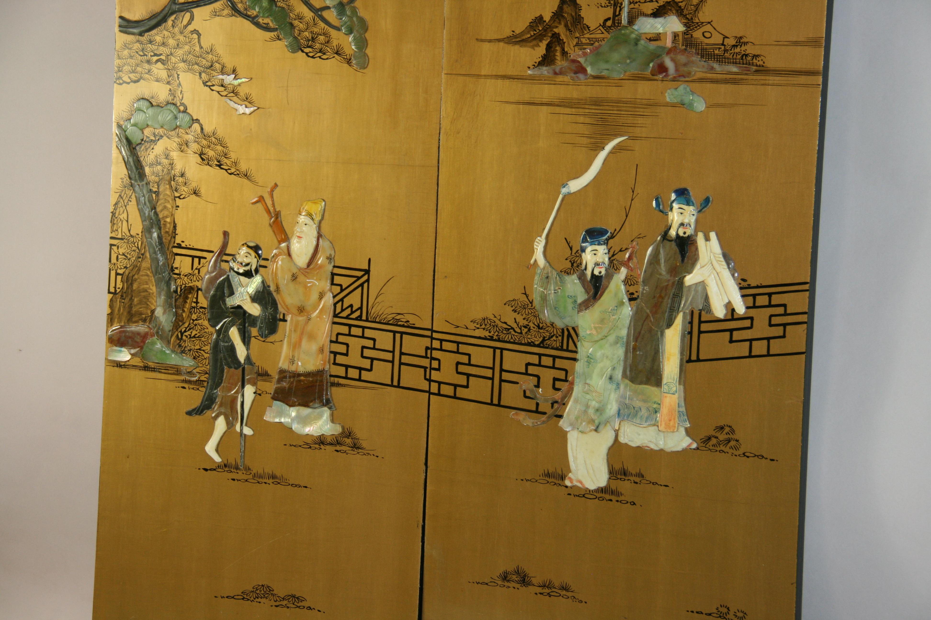 Vintage Chinese  Two Panel Colored stone Ansestoral Court Scene Panels For Sale 6