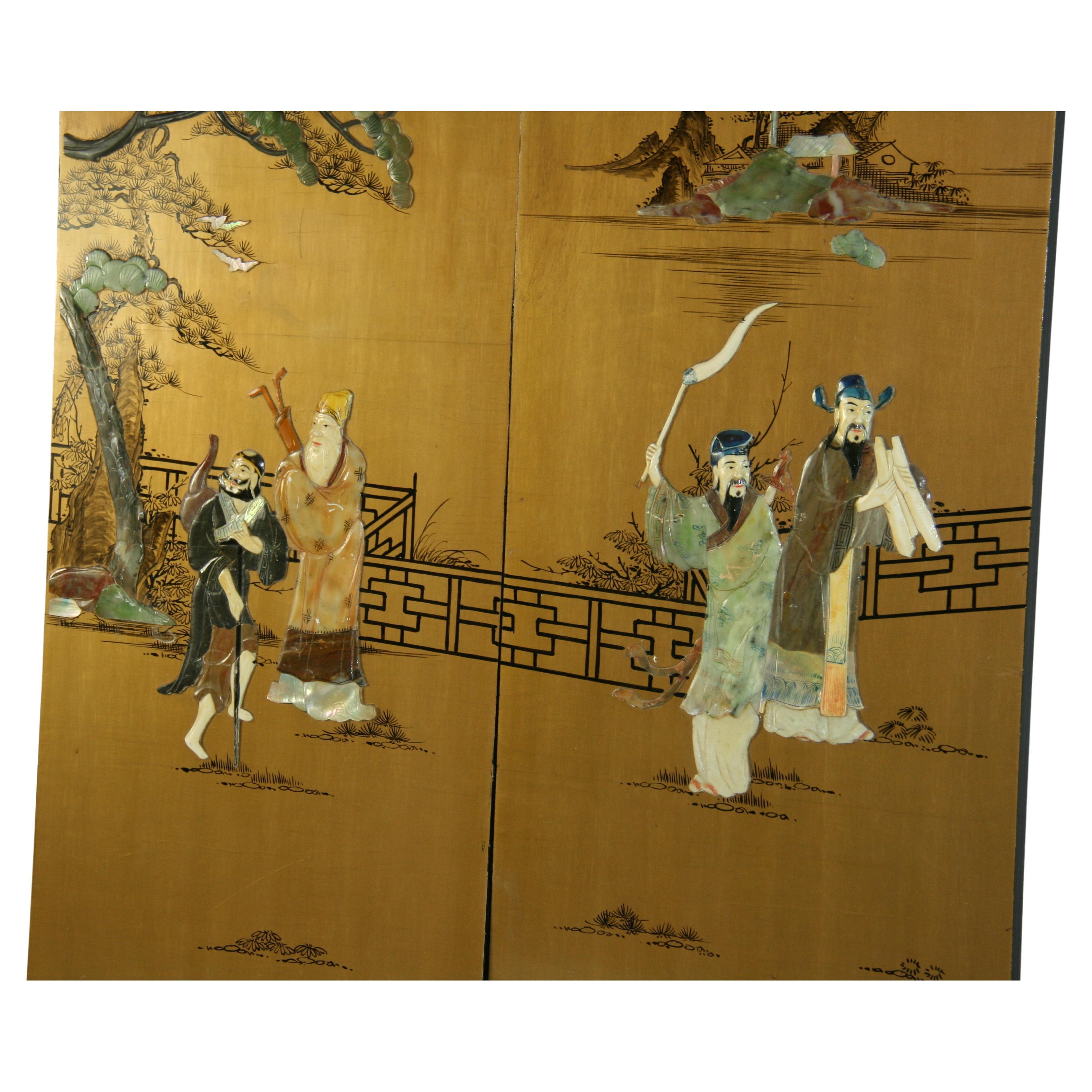 1764 Two individual Chinese panels hand painted with applied colored stone ansestoral figures in a court scene
Each panel 14x34
