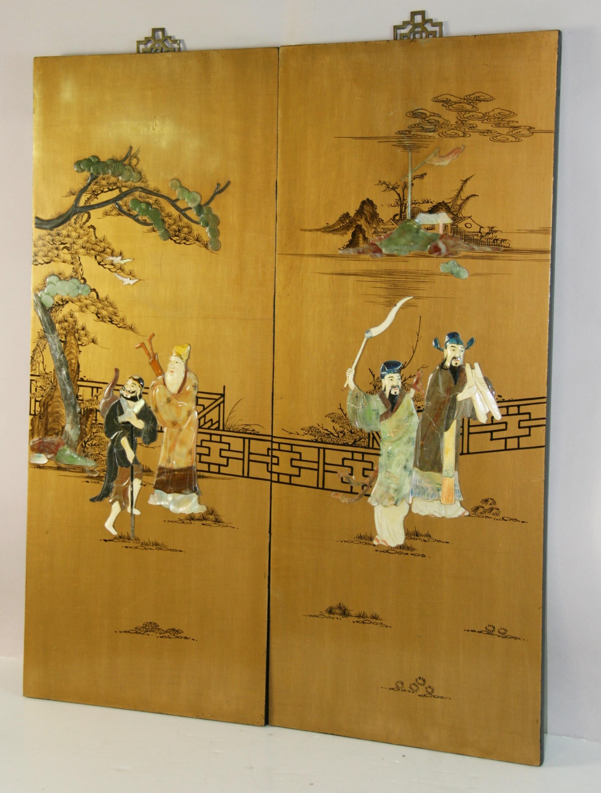 Vintage Chinese  Two Panel Colored stone Ansestoral Court Scene Panels In Good Condition For Sale In Douglas Manor, NY
