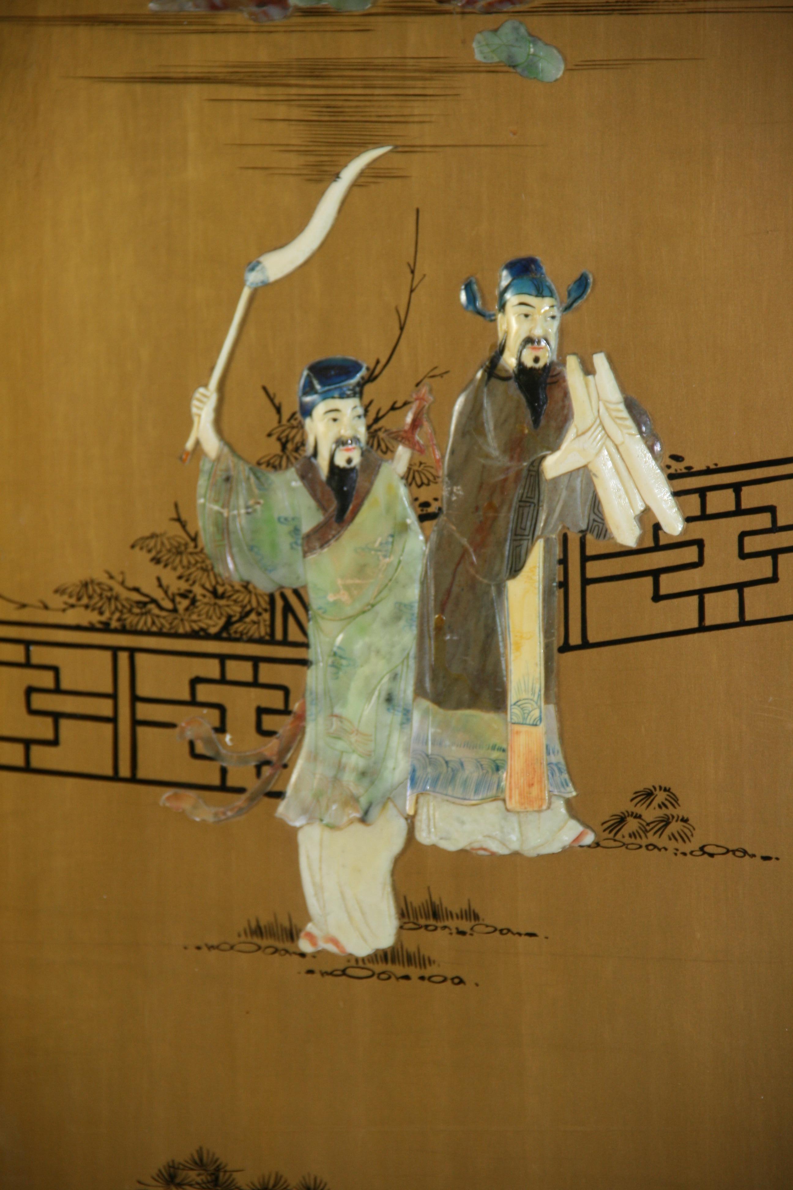 Mid-20th Century Vintage Chinese  Two Panel Colored stone Ansestoral Court Scene Panels For Sale