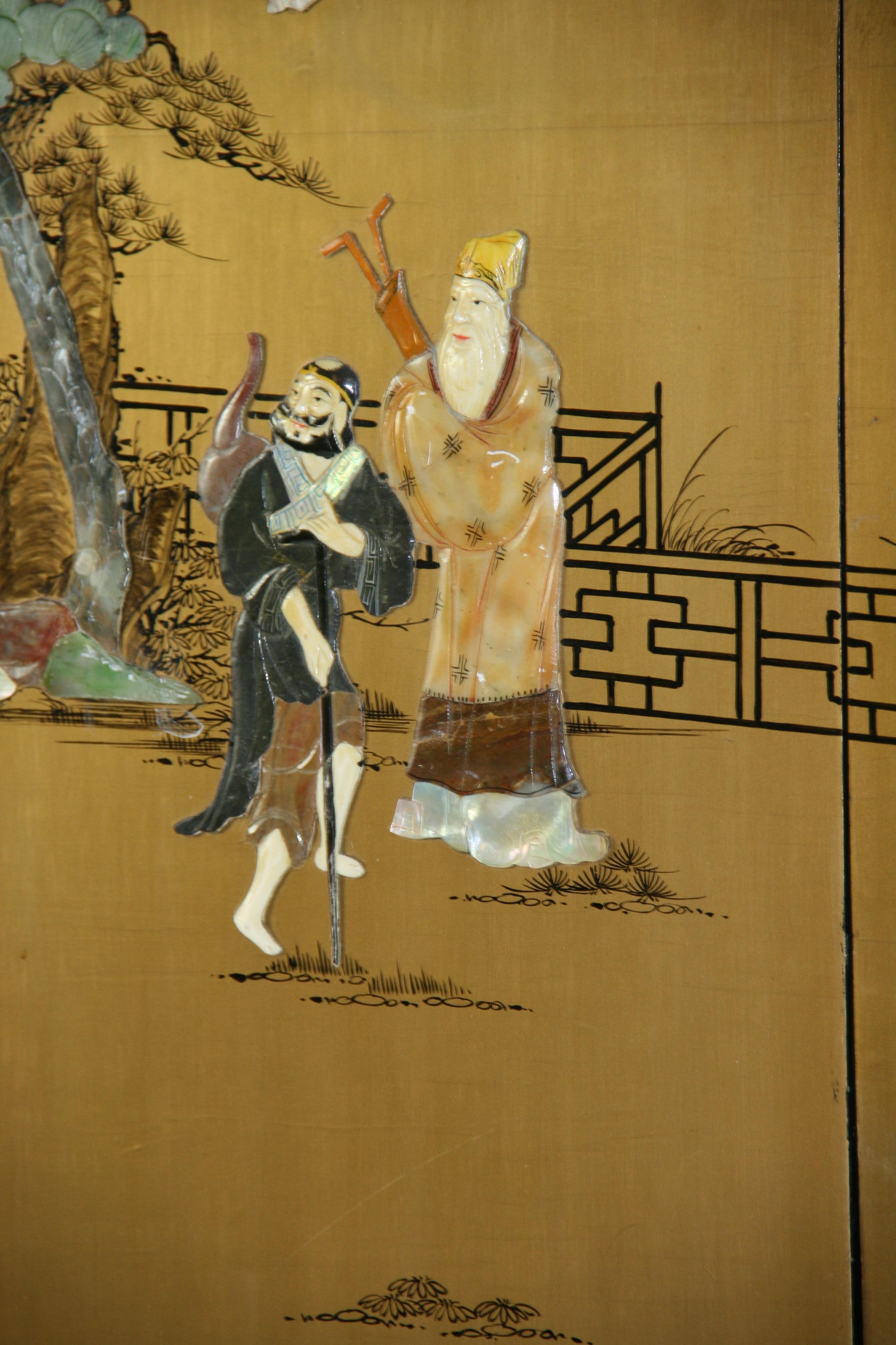 Vintage Chinese  Two Panel Colored stone Ansestoral Court Scene Panels For Sale 1